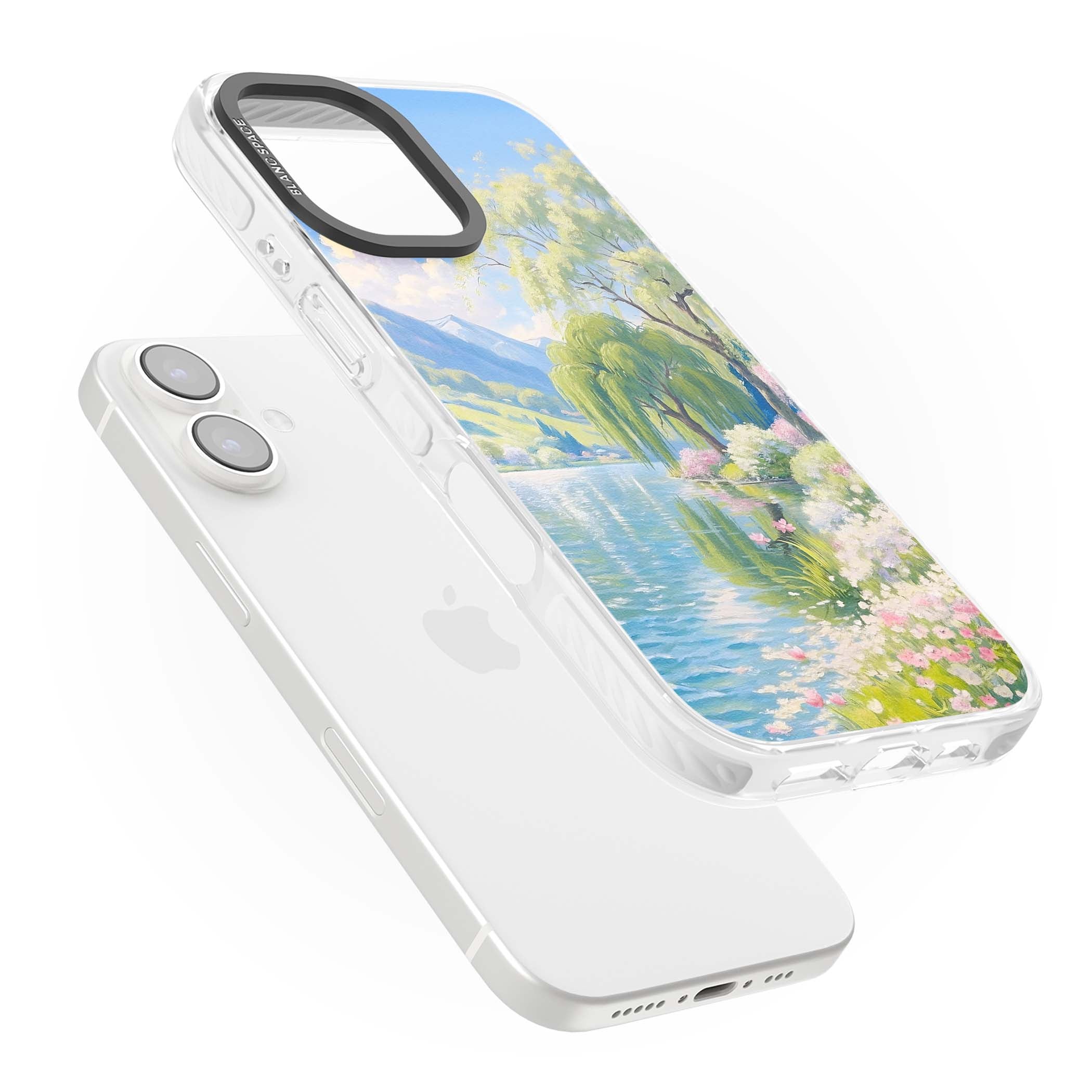 Willow Lake cottagecore iPhone case featuring a painted lakeside with weeping willow, blossoms and distant mountains | Impact Magsafe case for iPhone 16, iPhone 16 Plus