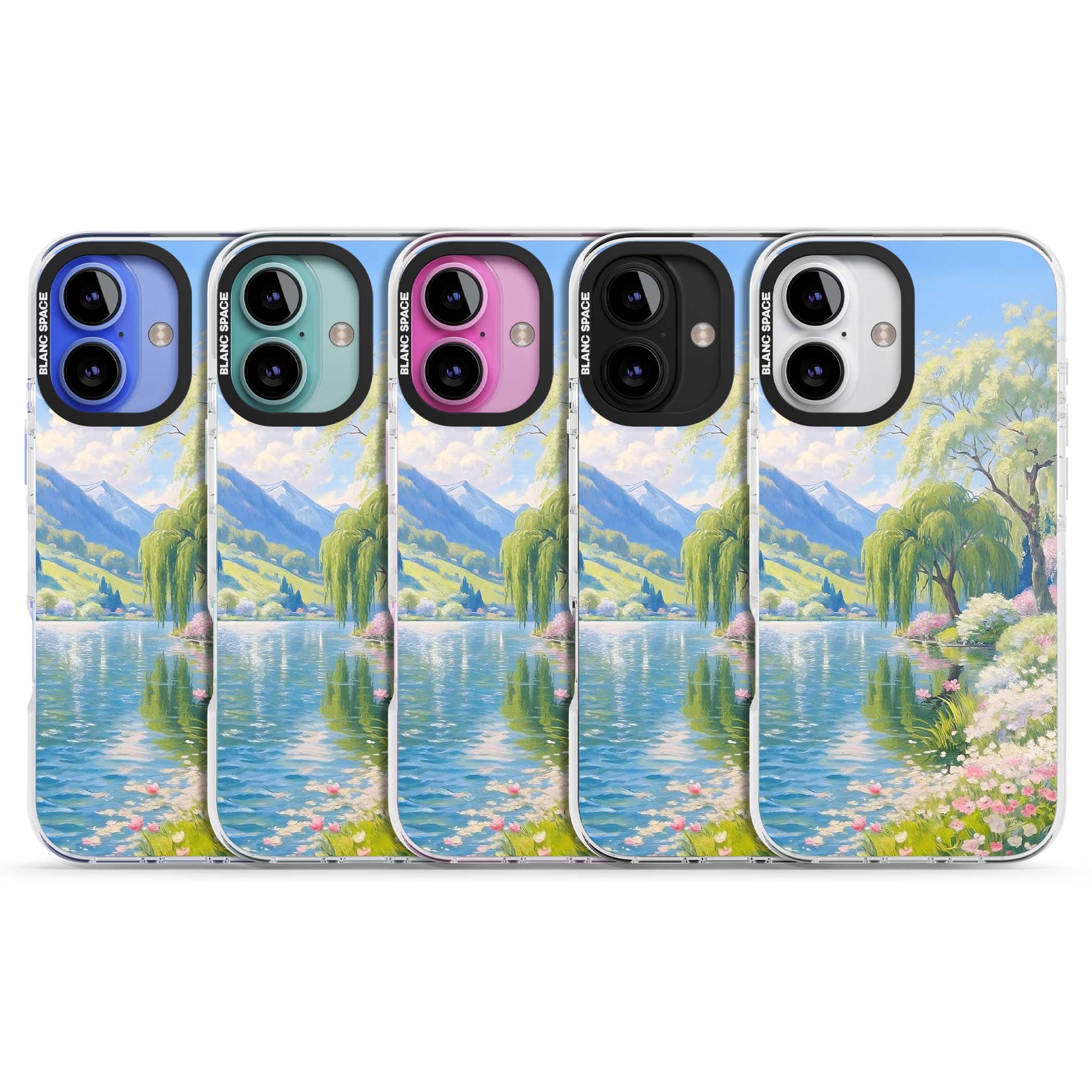 Willow Lake cottagecore iPhone case featuring a painted lakeside with weeping willow, blossoms and distant mountains | Impact Magsafe case for iPhone 16, iPhone 16 Plus