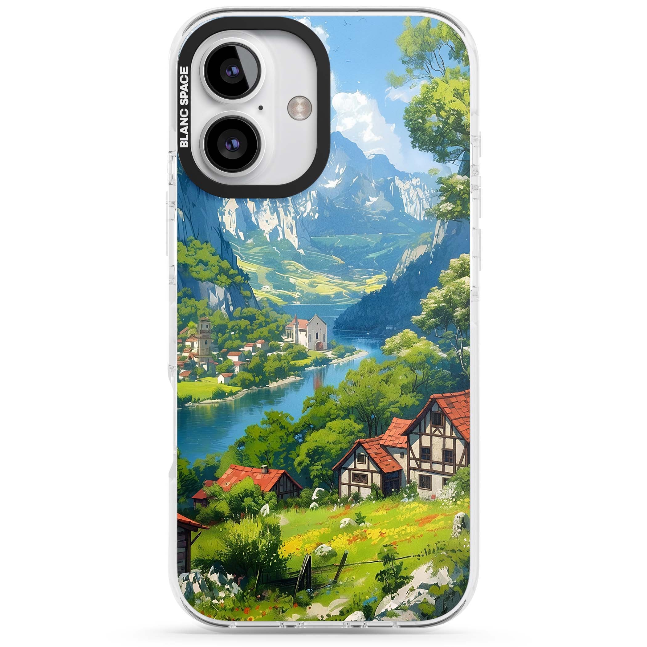 Village In The Valley anime iPhone case featuring a painted mountain village, river valley and half-timbered cottages. | Impact Magsafe case for iPhone 16, iPhone 16 Plus