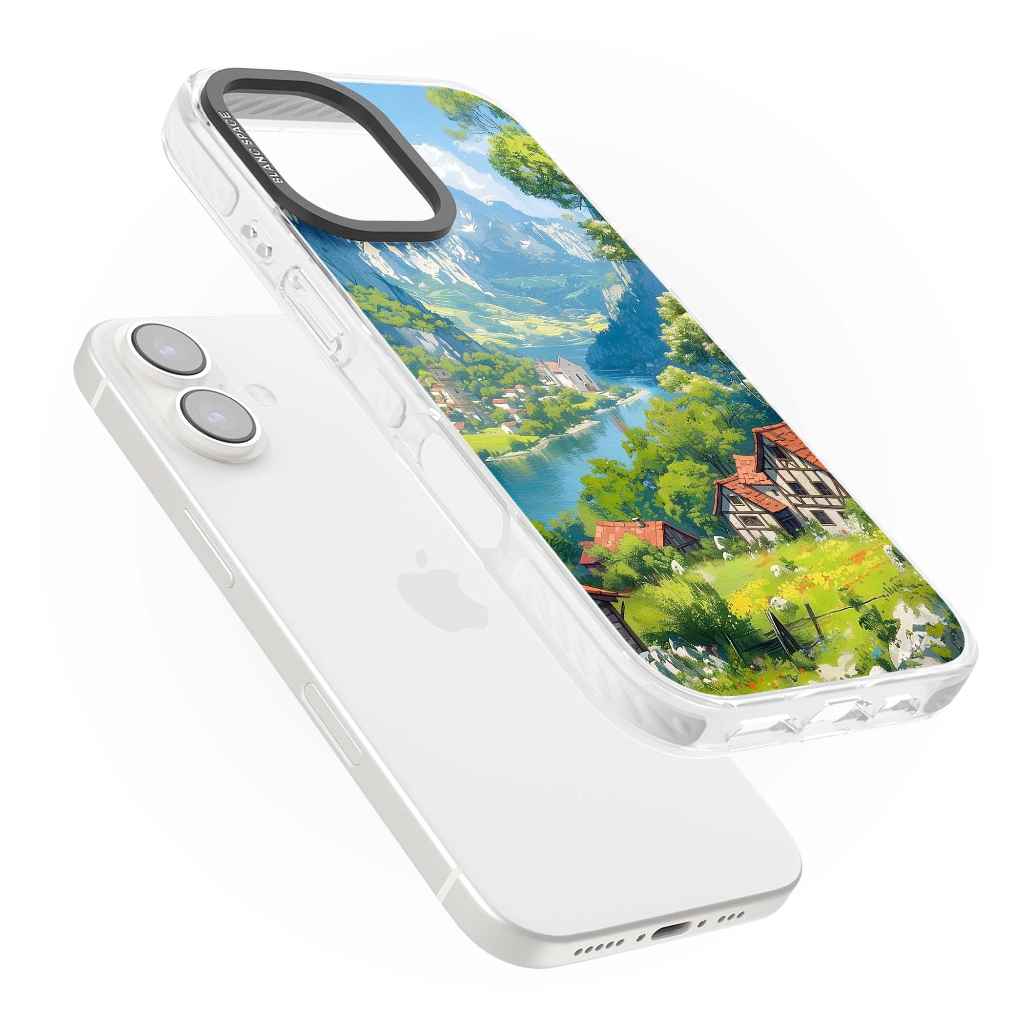 Village In The Valley anime iPhone case featuring a painted mountain village, river valley and half-timbered cottages. | Impact Magsafe case for iPhone 16, iPhone 16 Plus