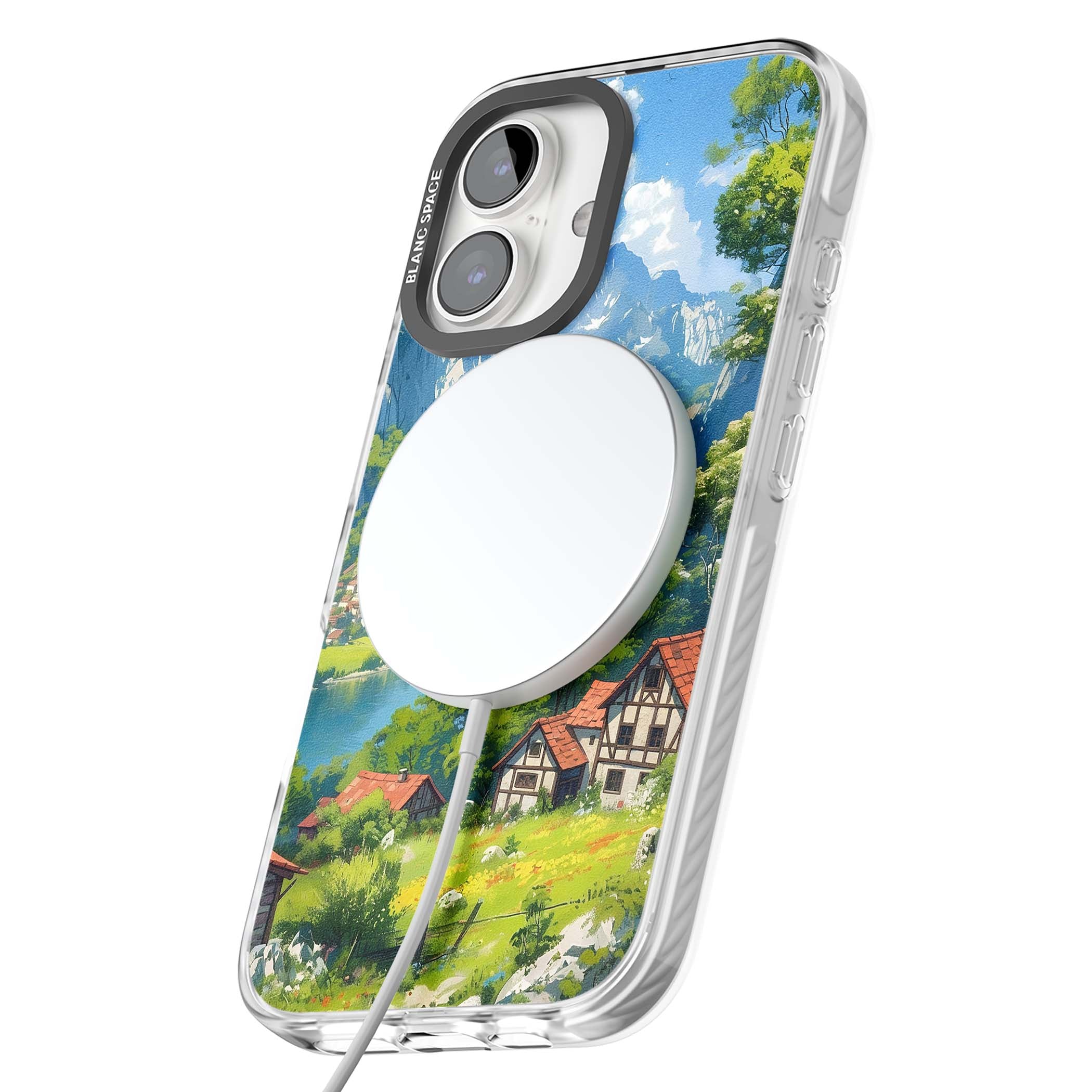 Village In The Valley anime iPhone case featuring a painted mountain village, river valley and half-timbered cottages. | Impact Magsafe case for iPhone 16, iPhone 16 Plus