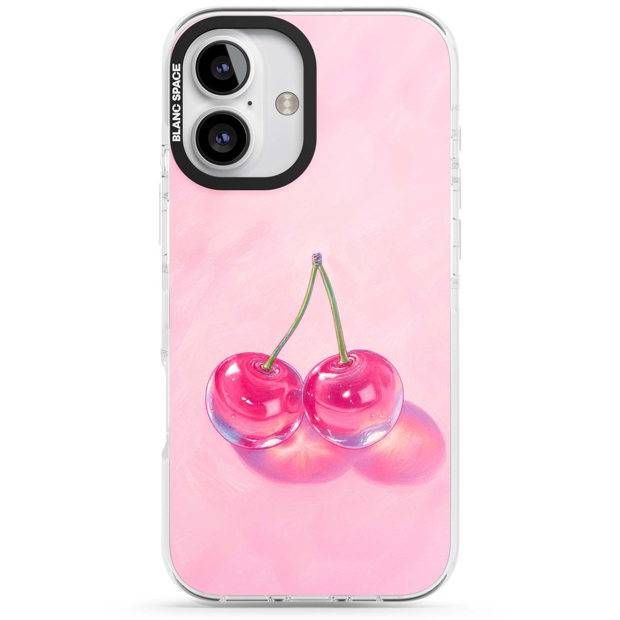 Pink Glass Cherry coquette iPhone case featuring two glossy painted cherries on a soft pink background | Impact Magsafe case for iPhone 16, iPhone 16 Plus