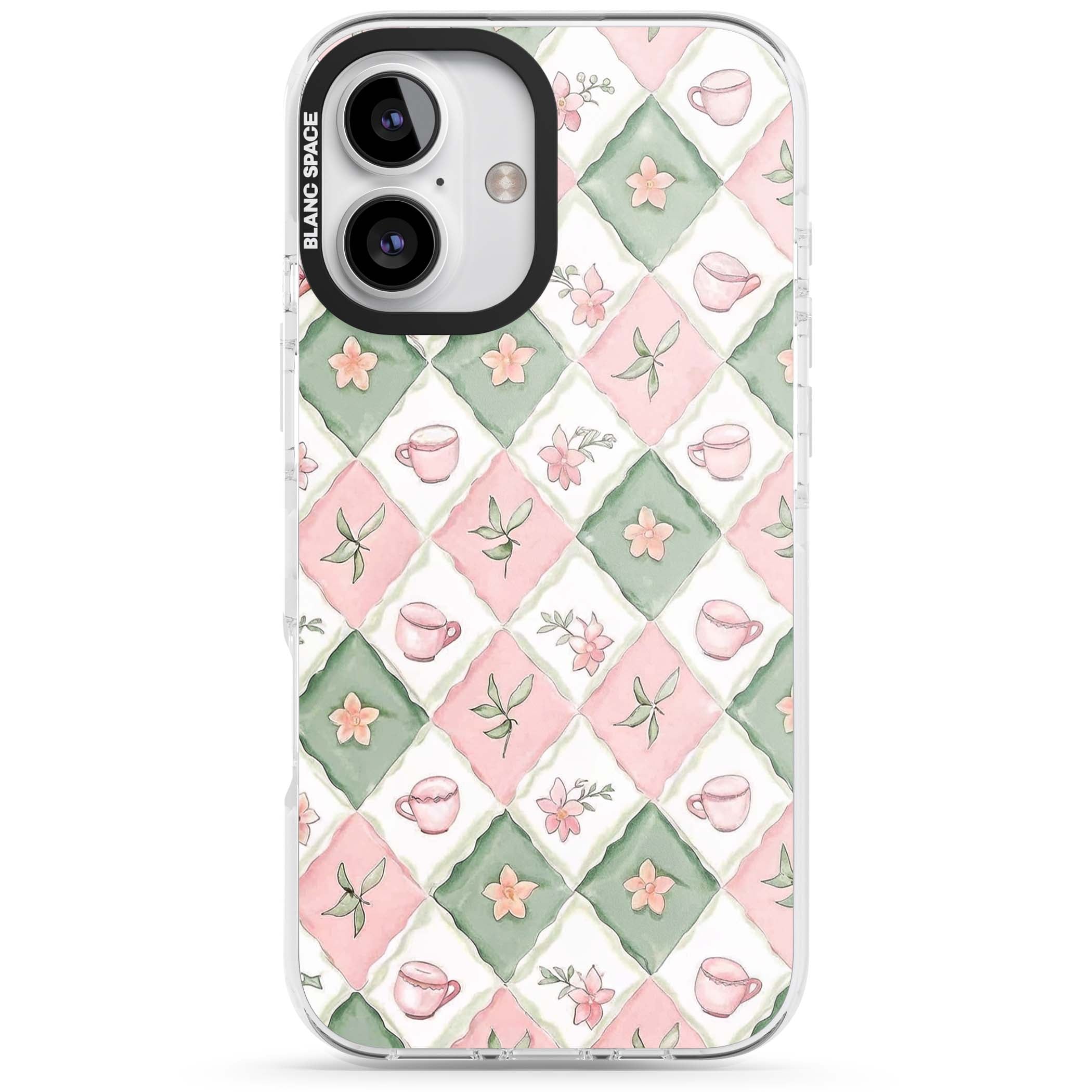 Garden Tea Party coquette iPhone case with pink and green checkered pattern, watercolour teacups and wildflowers | Impact Magsafe case for iPhone 16, iPhone 16 Plus
