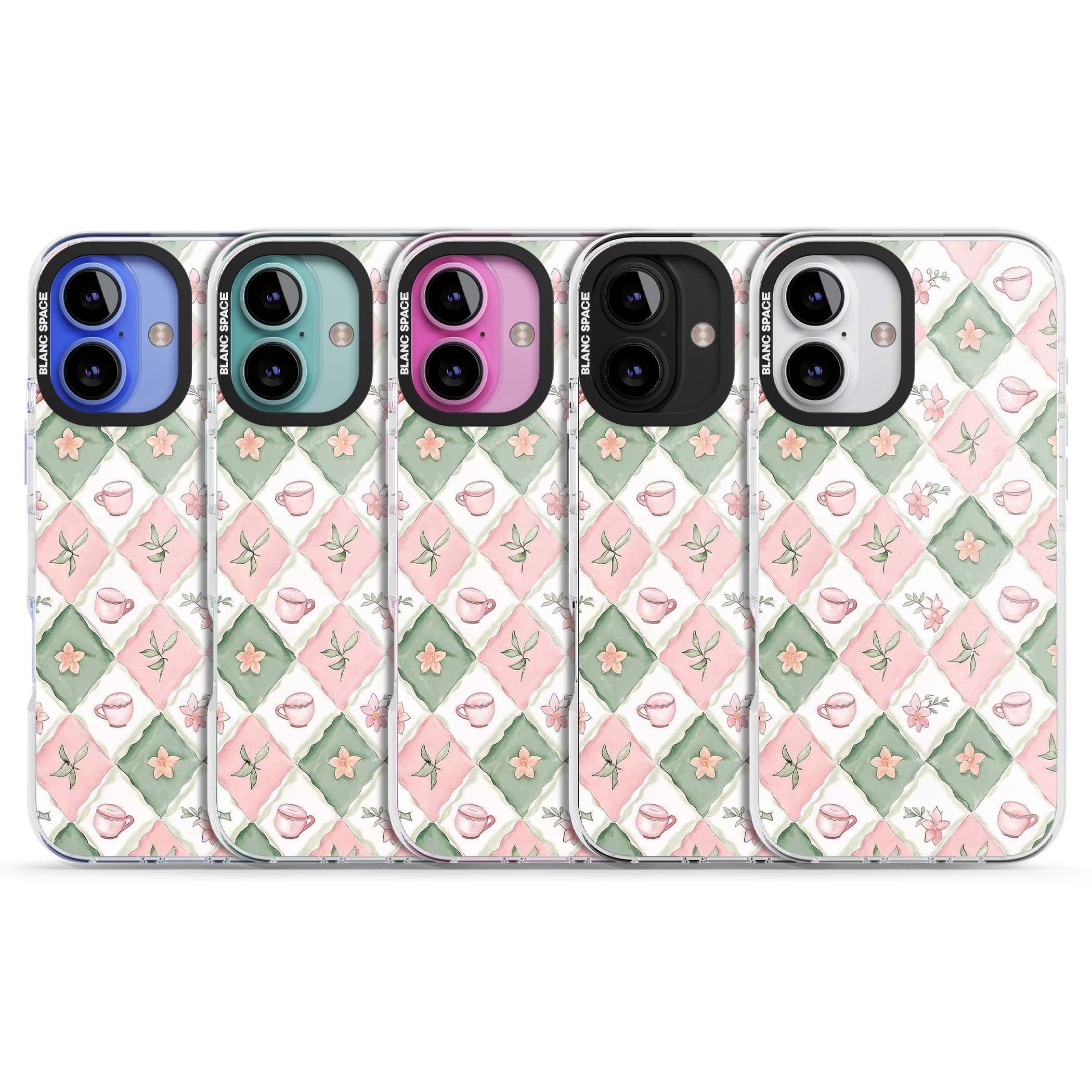 Garden Tea Party coquette iPhone case with pink and green checkered pattern, watercolour teacups and wildflowers | Impact Magsafe case for iPhone 16, iPhone 16 Plus