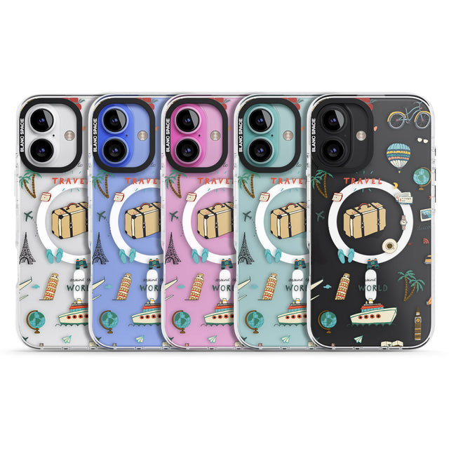 iPhone 16 Pro Max Cute Travel Pattern Transparent Black Impact Phone Case