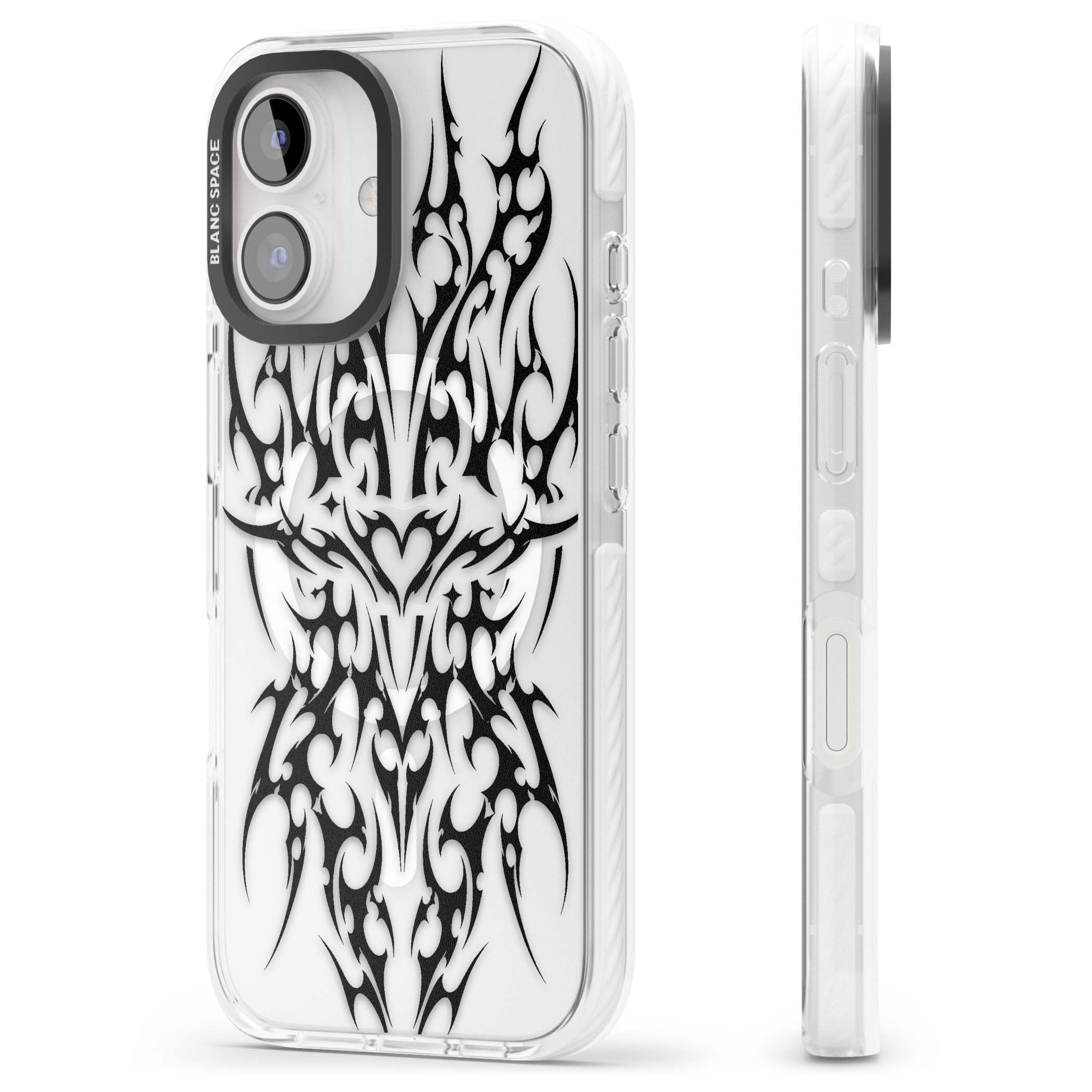 Neo Tribal Heart gothic iPhone case featuring symmetrical black tribal tattoo art with sharp thorn-like linework | Impact Magsafe case for iPhone 16, iPhone 16 Plus