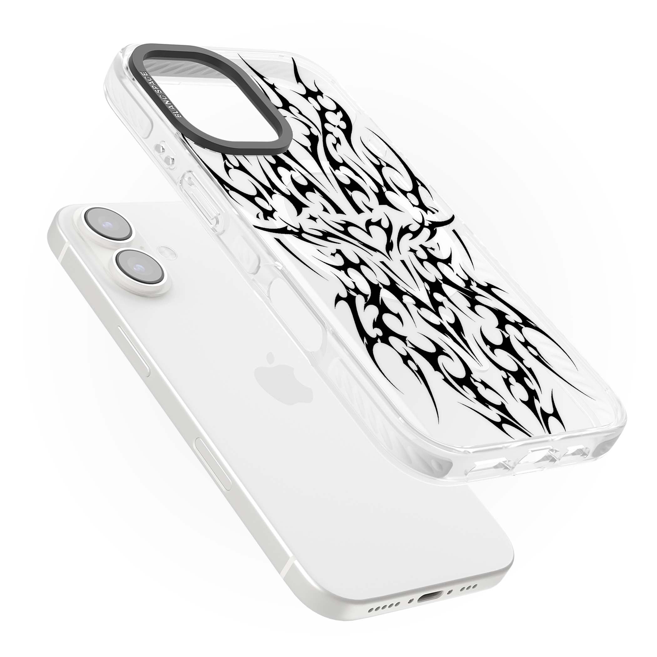 Neo Tribal Heart gothic iPhone case featuring symmetrical black tribal tattoo art with sharp thorn-like linework | Impact Magsafe case for iPhone 16, iPhone 16 Plus