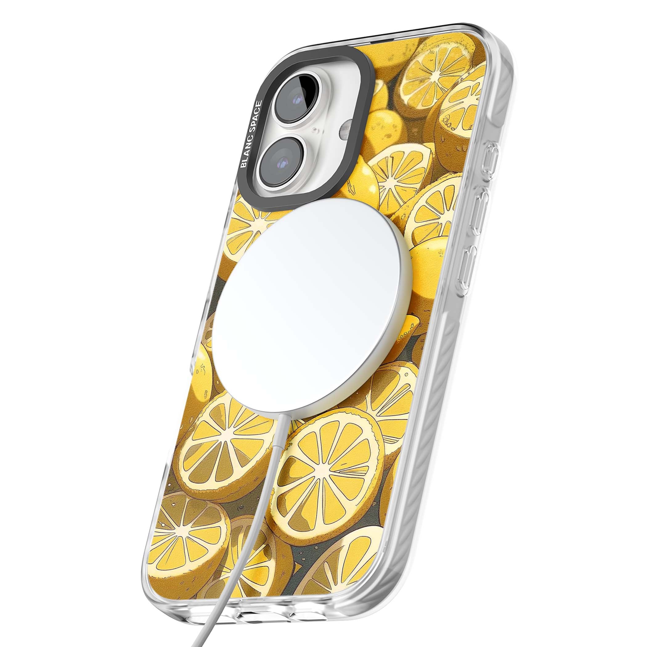 Zesty coastal iPhone case featuring illustrated Mediterranean lemons and citrus slices in golden yellow | Impact Magsafe case for iPhone 16, iPhone 16 Plus