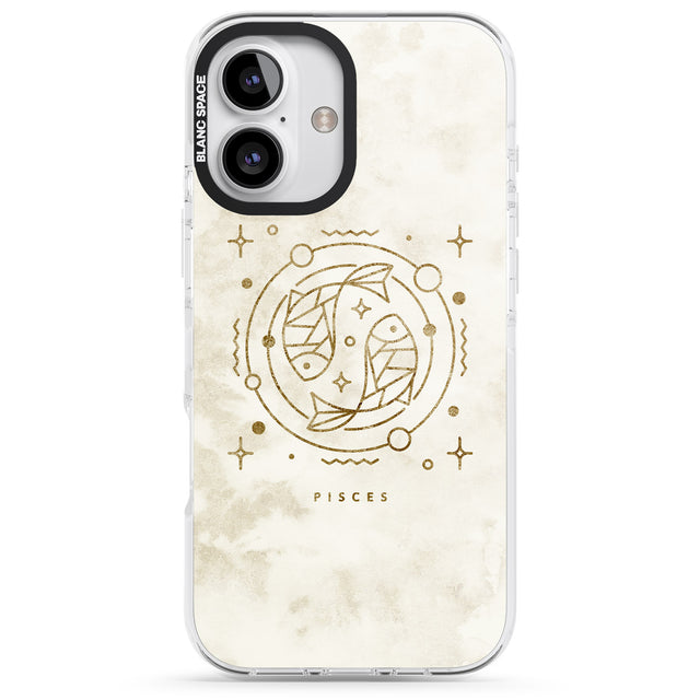 iPhone 16 Pro Max Pisces Emblem - Solid Gold Marbled Design Black Impact Phone Case