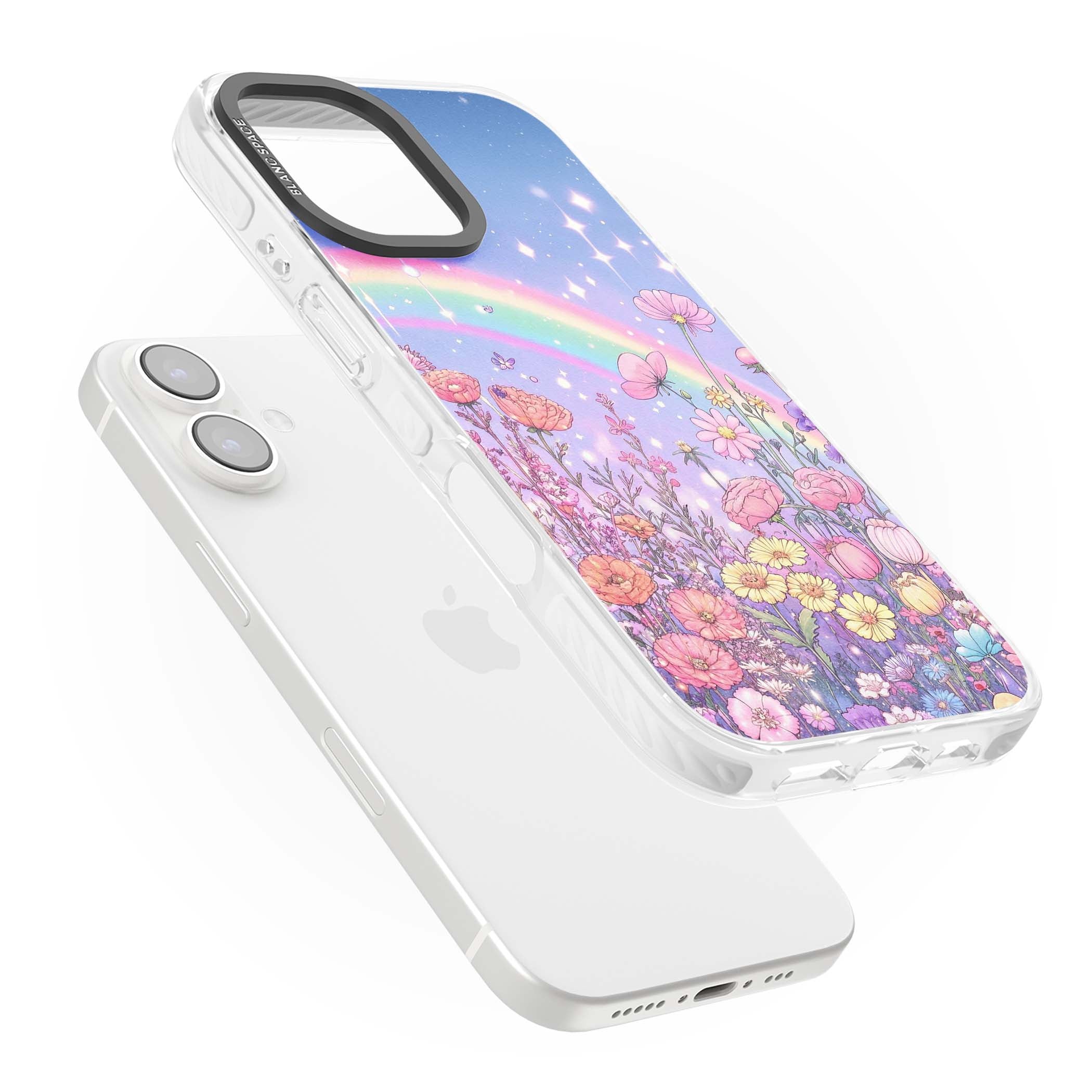Magical Meadow fairycore iPhone case featuring a pastel rainbow, sparkling stars and a wildflower meadow | Clear Impact case for iPhone 16, iPhone 16 Plus
