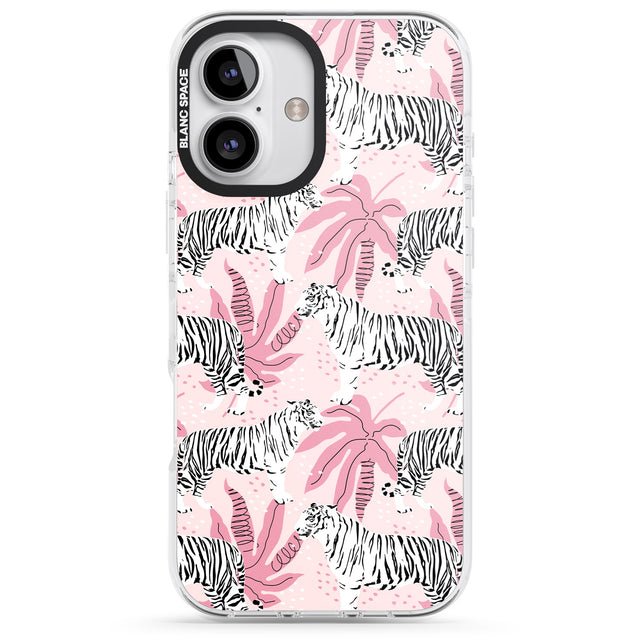 iPhone 16 Pro Max White Tigers on Pink Pattern Black Impact Phone Case