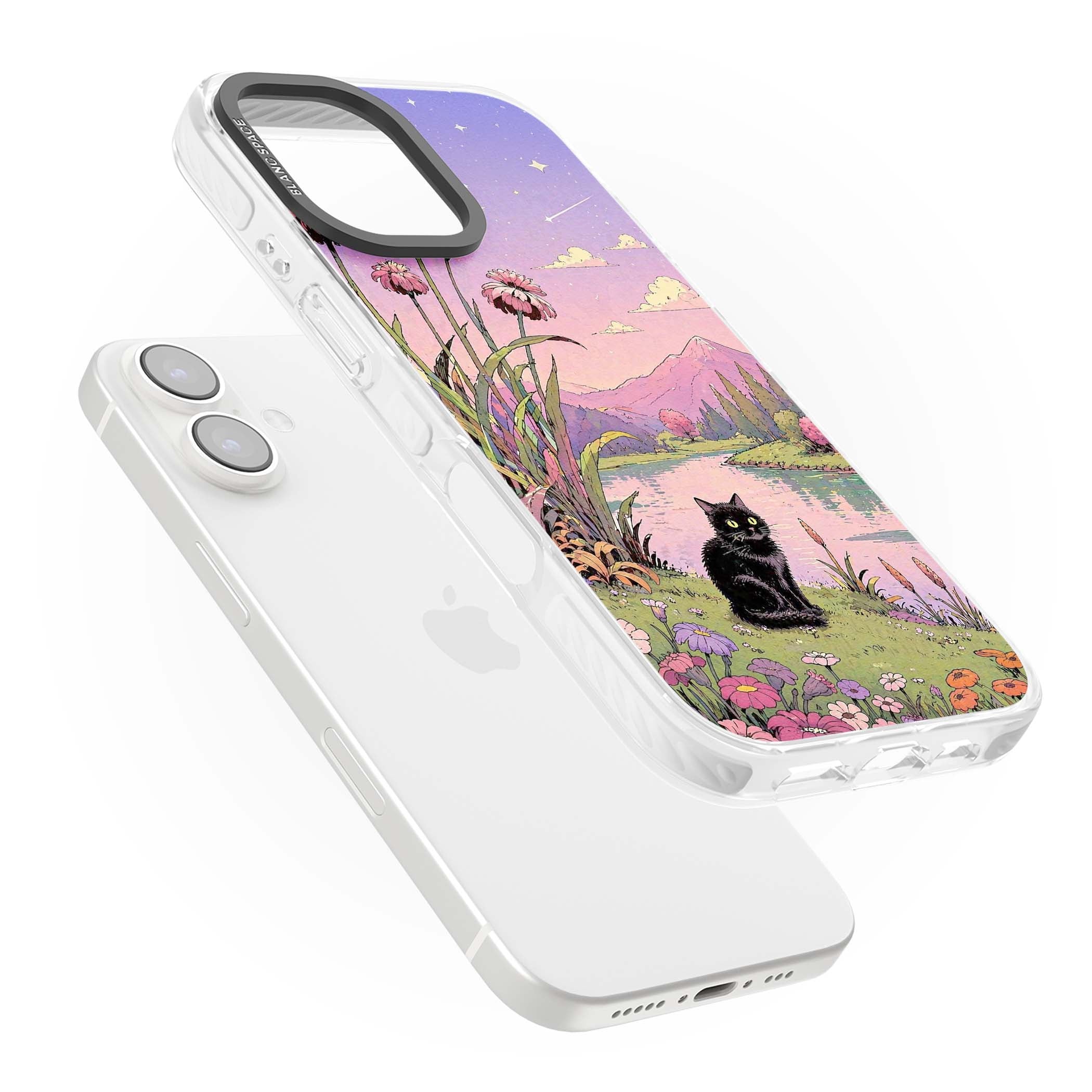 Mystic Whiskers ghibli iPhone case featuring a black cat by a pastel lake, wildflowers and a starry sunset sky | Clear Impact case for iPhone 16, iPhone 16 Plus