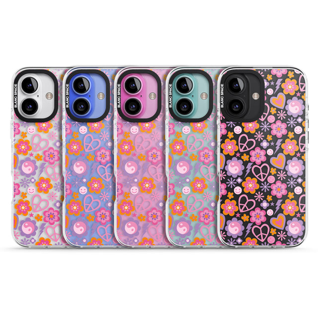 iPhone 16 Pro Max Peace, Love and Flowers Pattern Black Impact Phone Case