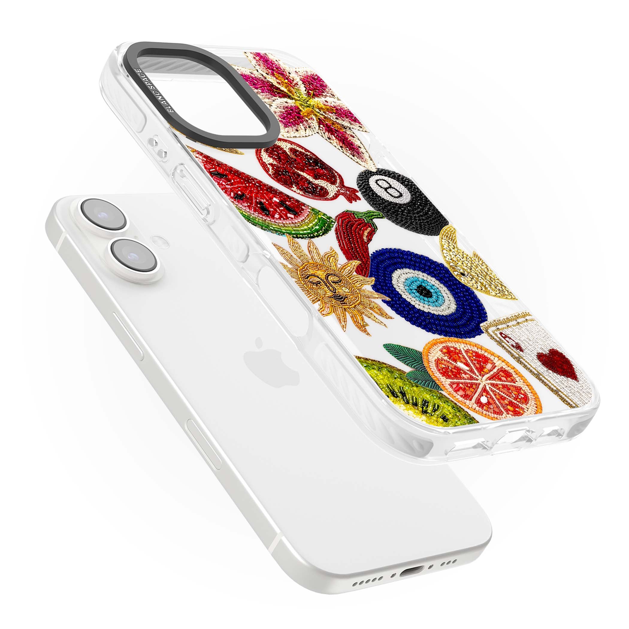 Beaded Charms embroidery iPhone case featuring beaded evil eye, fruit patches and a golden sun motif | Clear Impact case for iPhone 16, iPhone 16 Plus