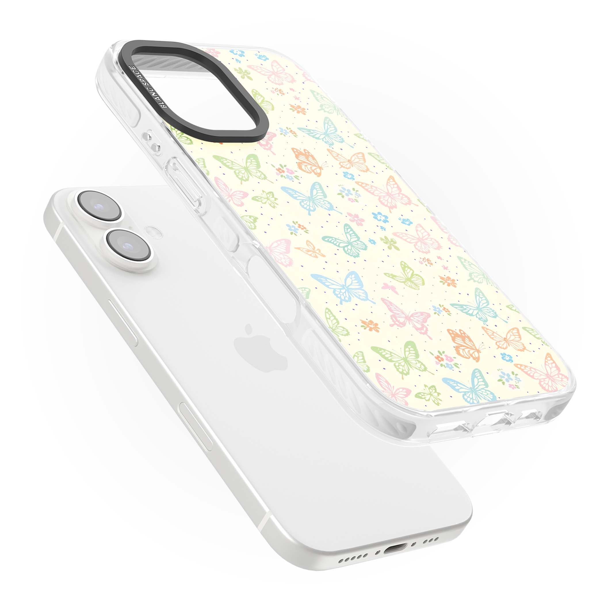 Sugar Wings cottagecore iPhone case featuring rainbow pastel butterflies, tiny wildflowers, and a cream background | Clear Impact case for iPhone 16, iPhone 16 Plus