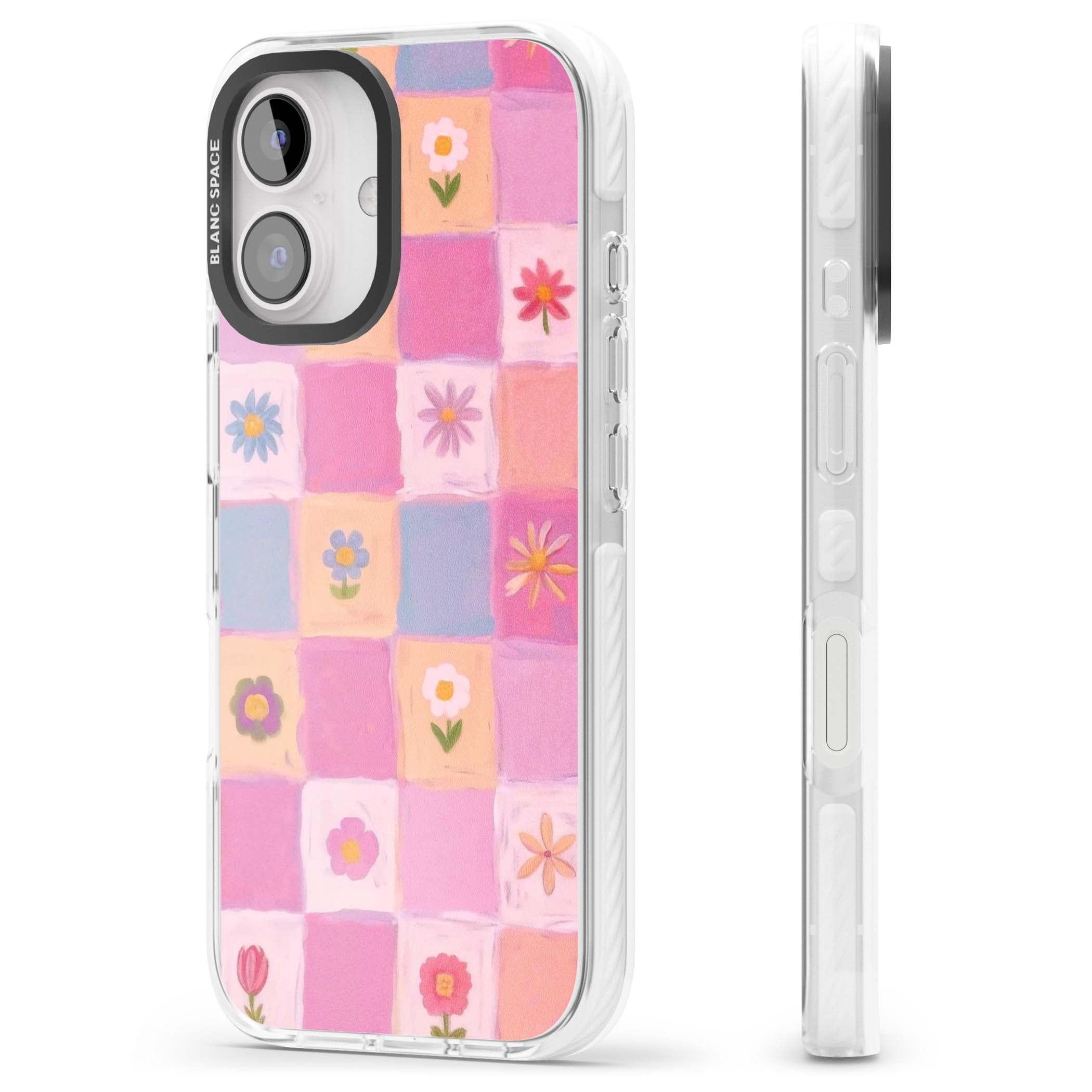 Pastel Flower Patchwork cottagecore iPhone case featuring painted pink and lilac squares with daisies and wildflowers | Clear Impact case for iPhone 16, iPhone 16 Plus