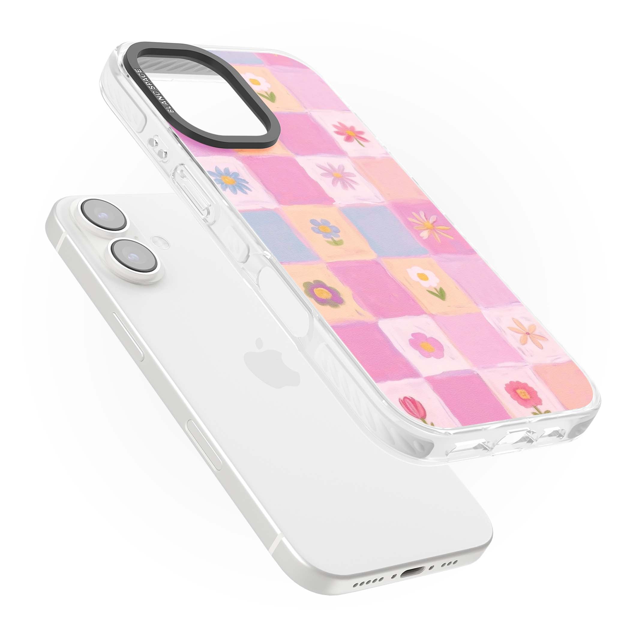 Pastel Flower Patchwork cottagecore iPhone case featuring painted pink and lilac squares with daisies and wildflowers | Clear Impact case for iPhone 16, iPhone 16 Plus