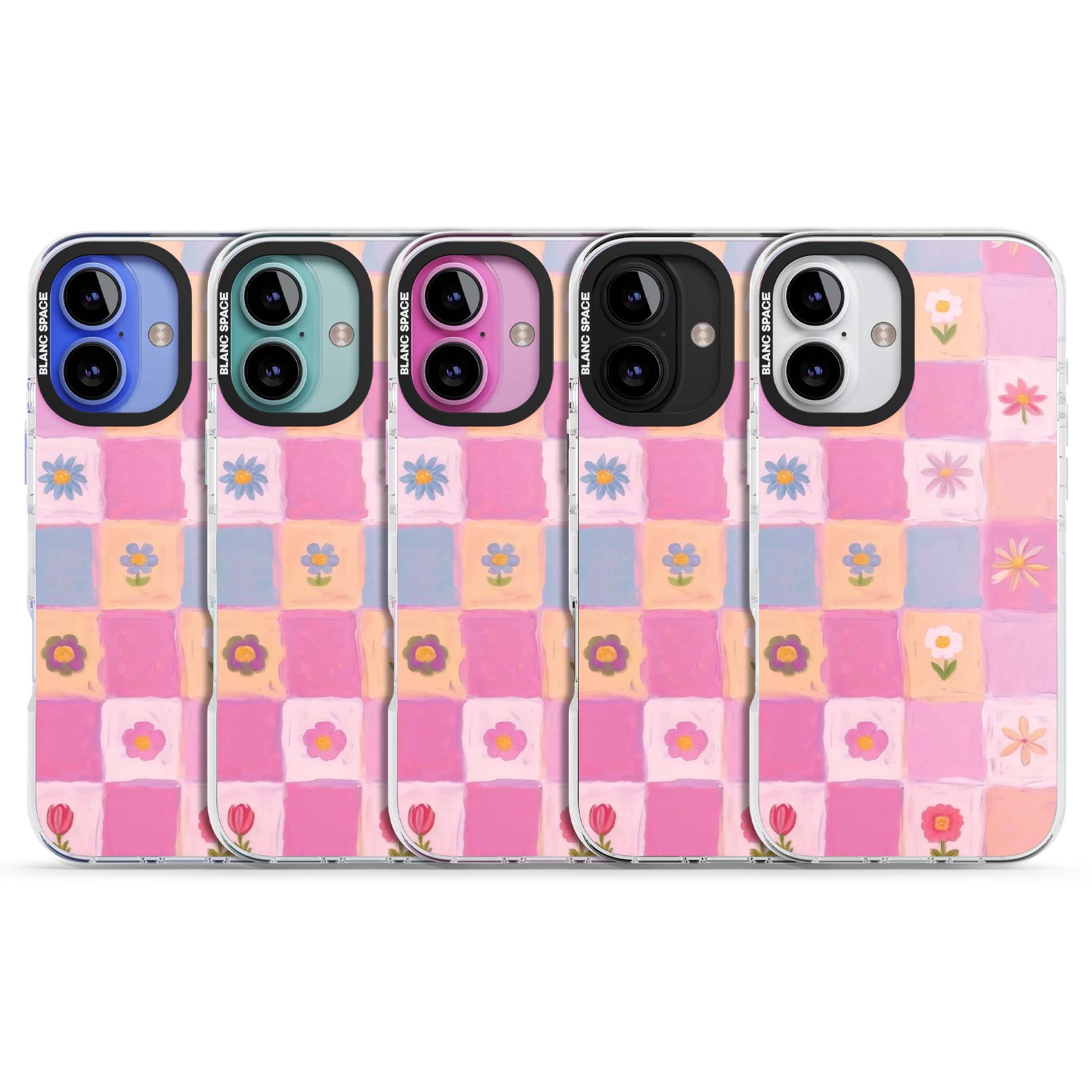 Pastel Flower Patchwork cottagecore iPhone case featuring painted pink and lilac squares with daisies and wildflowers | Clear Impact case for iPhone 16, iPhone 16 Plus