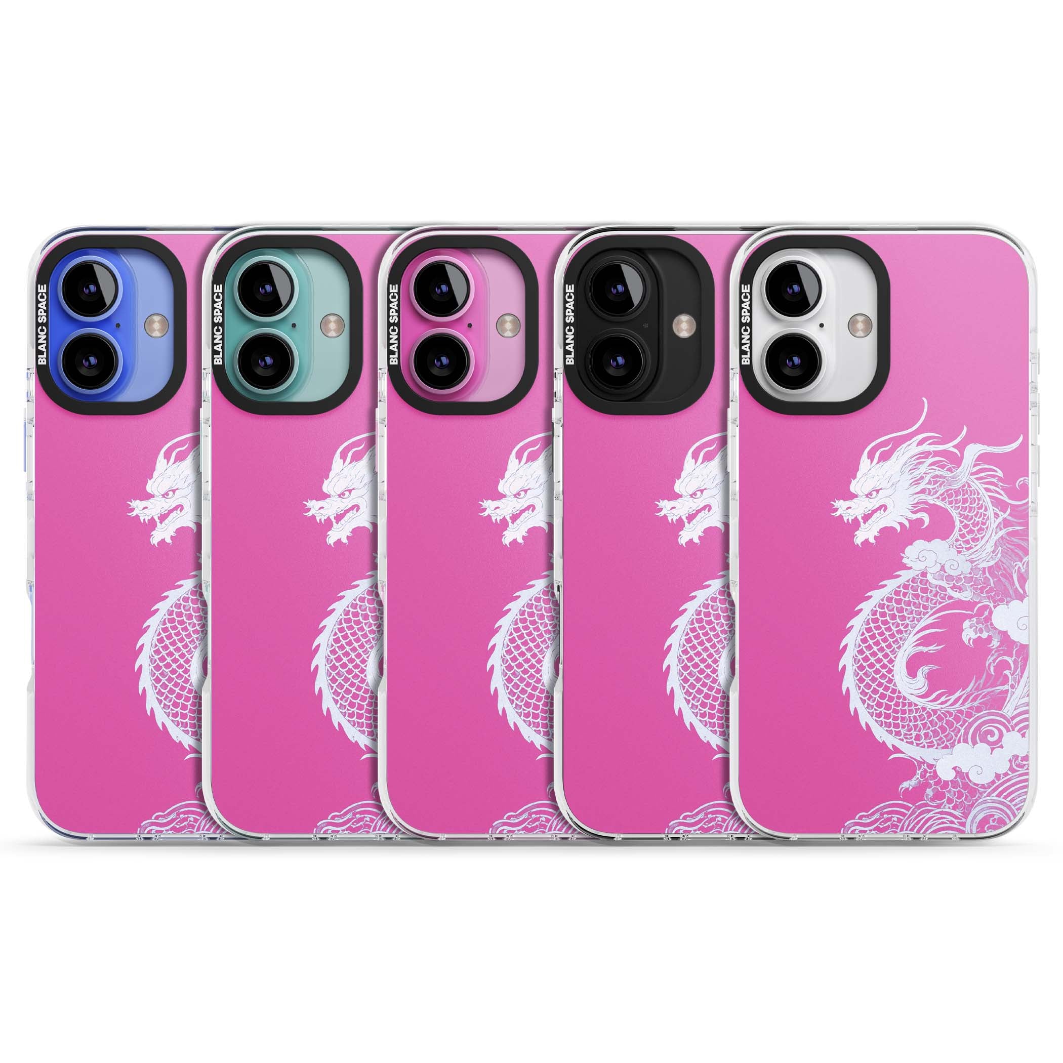 Pink Empress chinese dragon iPhone case featuring a white dragon, swirling clouds and pink dragon wallpaper backdrop | Clear Impact case for iPhone 16, iPhone 16 Plus