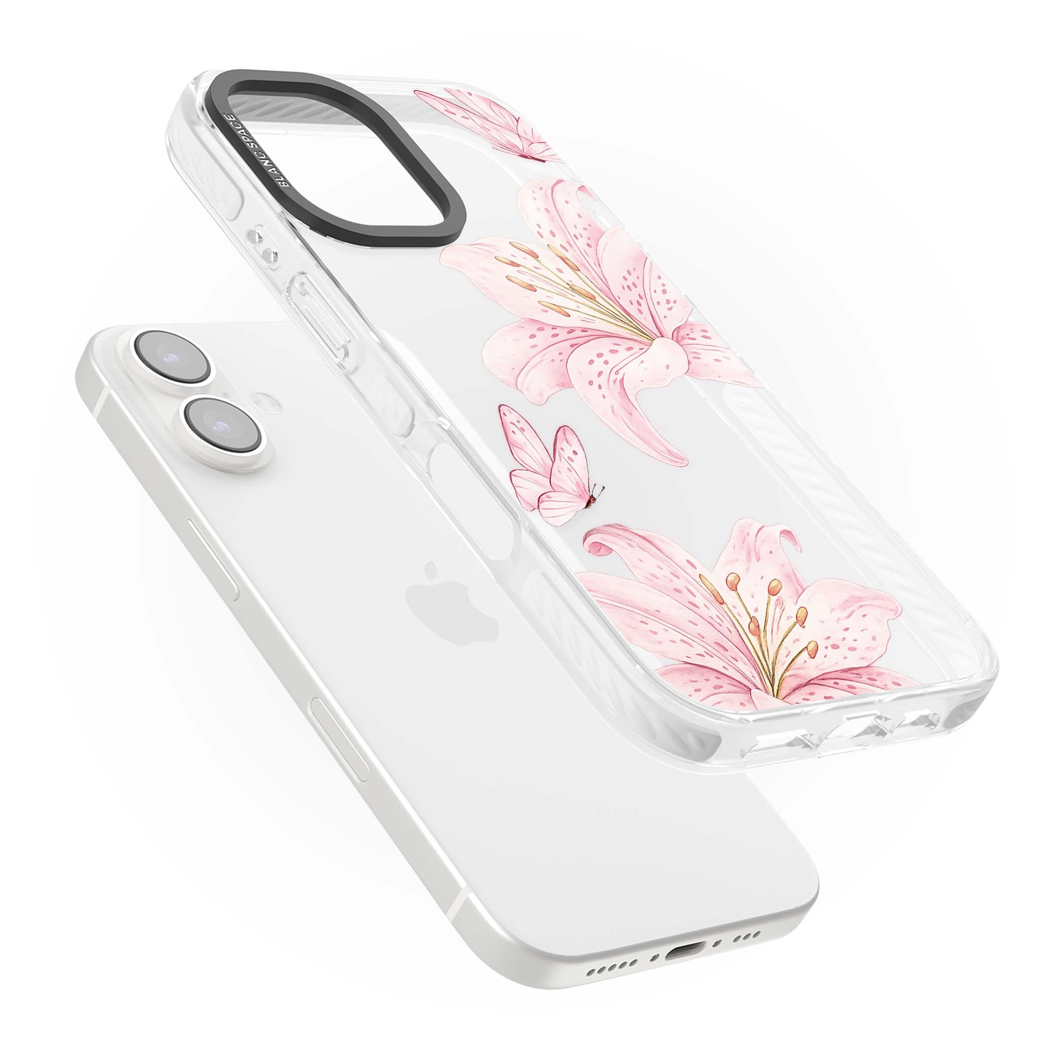 Lily Whisper floral iPhone case featuring pink watercolour lilies and delicate butterflies on a clear background | Clear Impact case for iPhone 16, iPhone 16 Plus