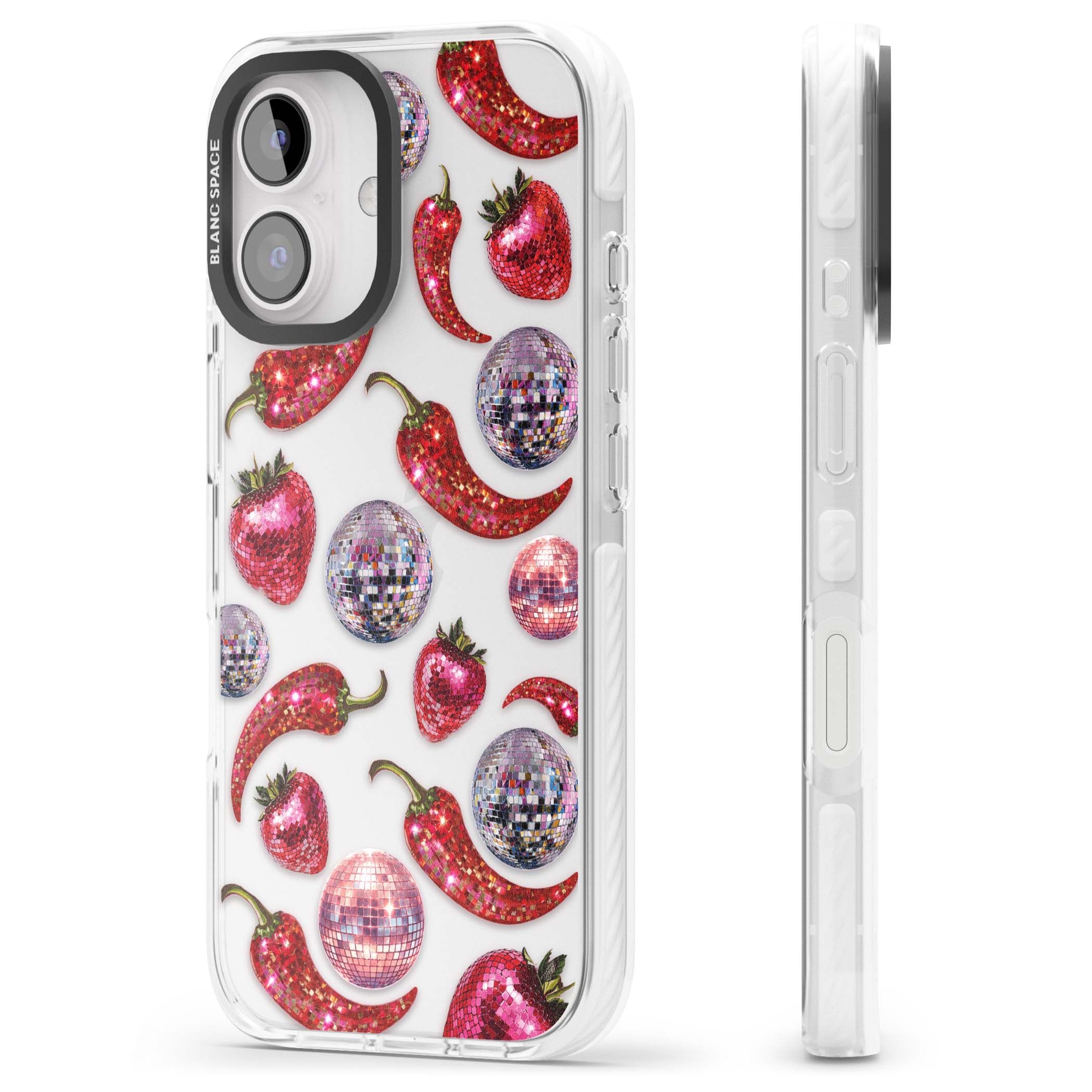 Spicy Disco Y2K iPhone case featuring glitter disco balls, sparkly strawberries and red chilli peppers | Clear Impact case for iPhone 16, iPhone 16 Plus
