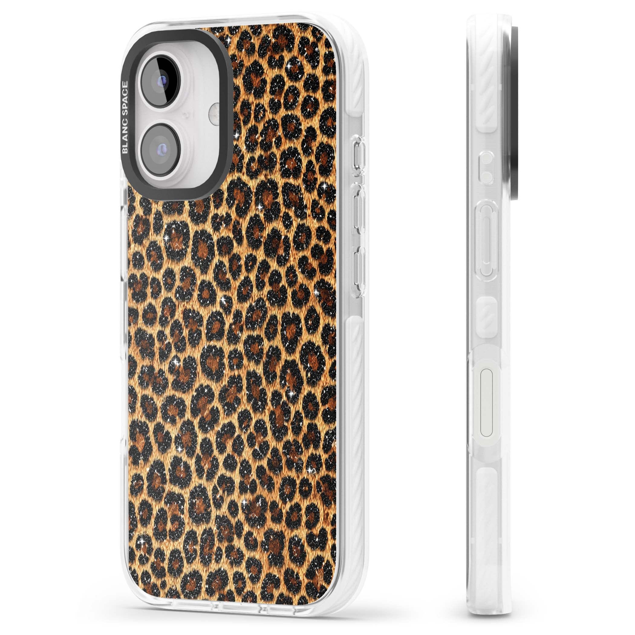 Diamond Leopard leopard print iPhone case featuring golden tan fur, black rosette spots and subtle glitter sparkle | Clear Impact case for iPhone 16, iPhone 16 Plus