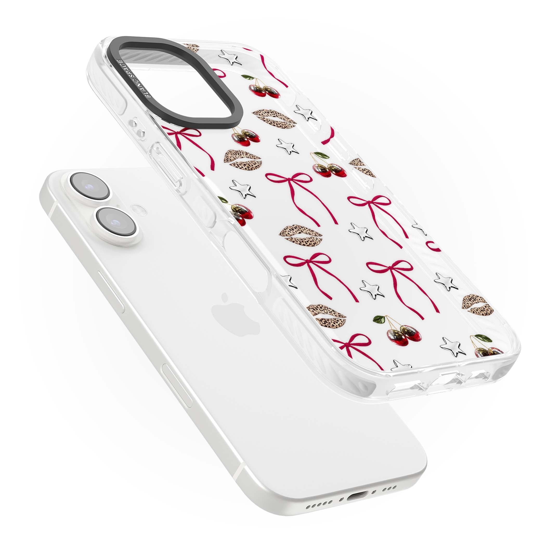 Starlet coquette iPhone case featuring red ribbon bows, disco cherries and leopard-print lips | Clear Impact case for iPhone 16, iPhone 16 Plus