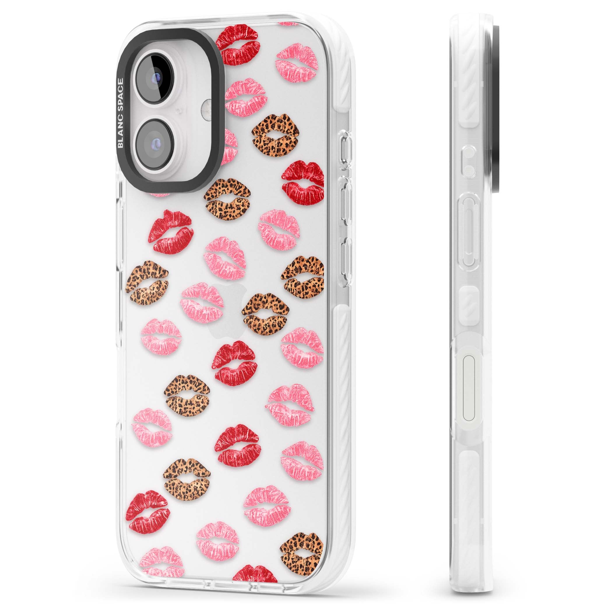 Wild Kisses coquette iPhone case featuring red, pink and leopard print lipstick kiss marks on a clear background | Clear Impact case for iPhone 16, iPhone 16 Plus