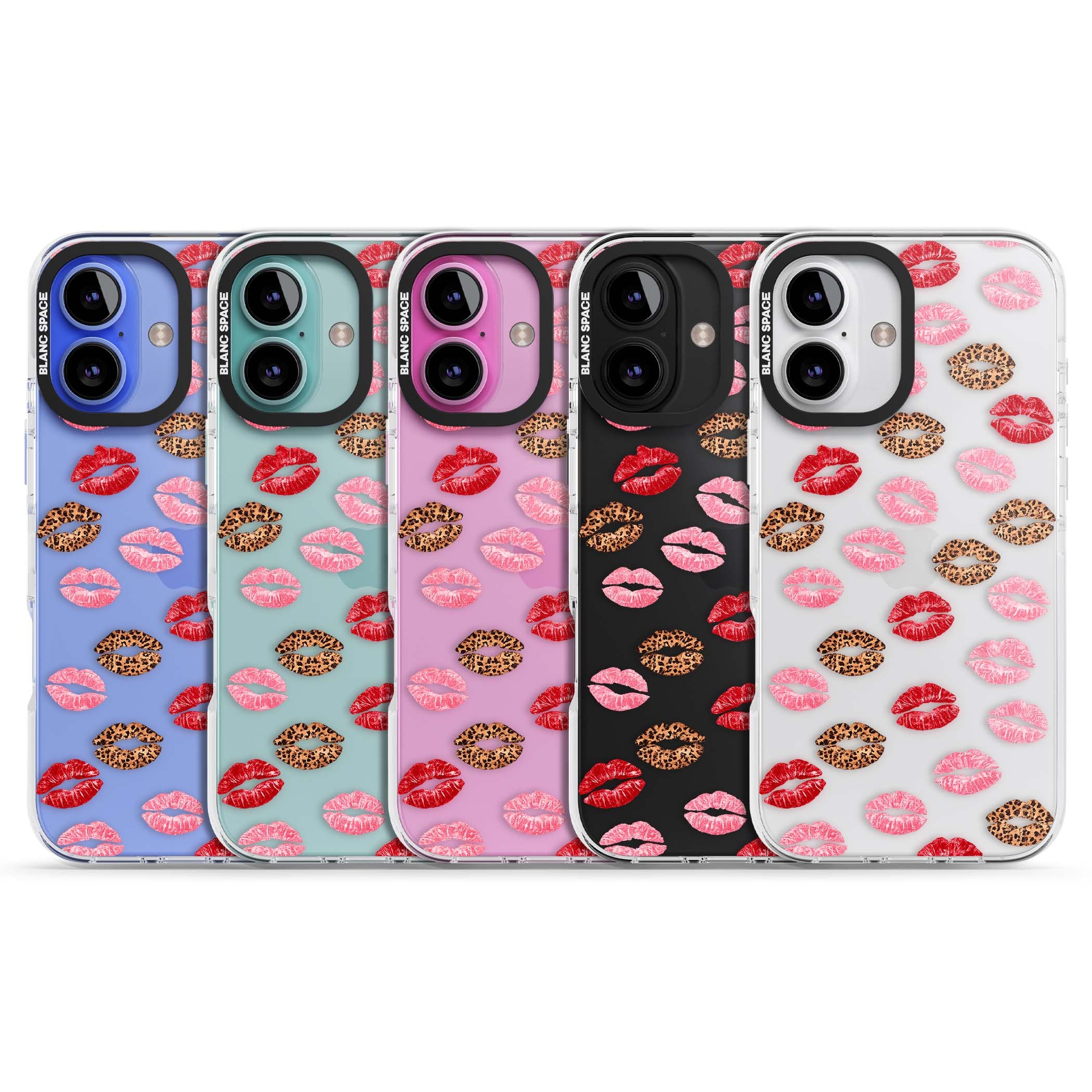 Wild Kisses coquette iPhone case featuring red, pink and leopard print lipstick kiss marks on a clear background | Clear Impact case for iPhone 16, iPhone 16 Plus