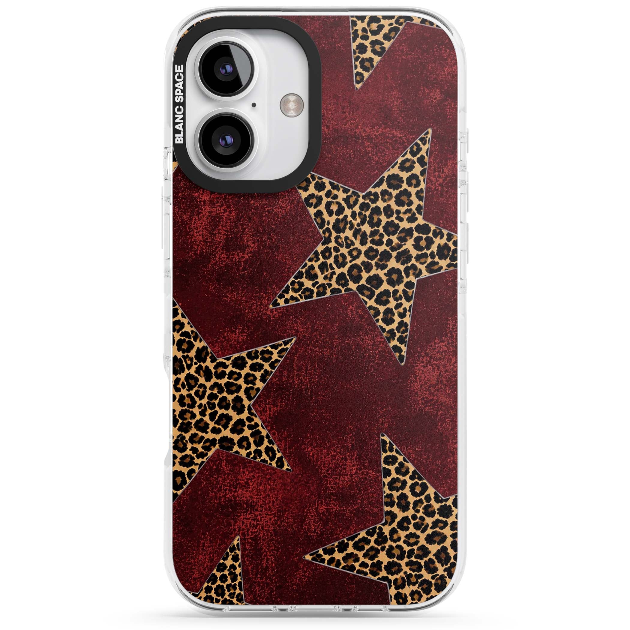 Showgirl leopard print iPhone case featuring cheetah print stars on distressed red grunge background | Clear Impact case for iPhone 16, iPhone 16 Plus