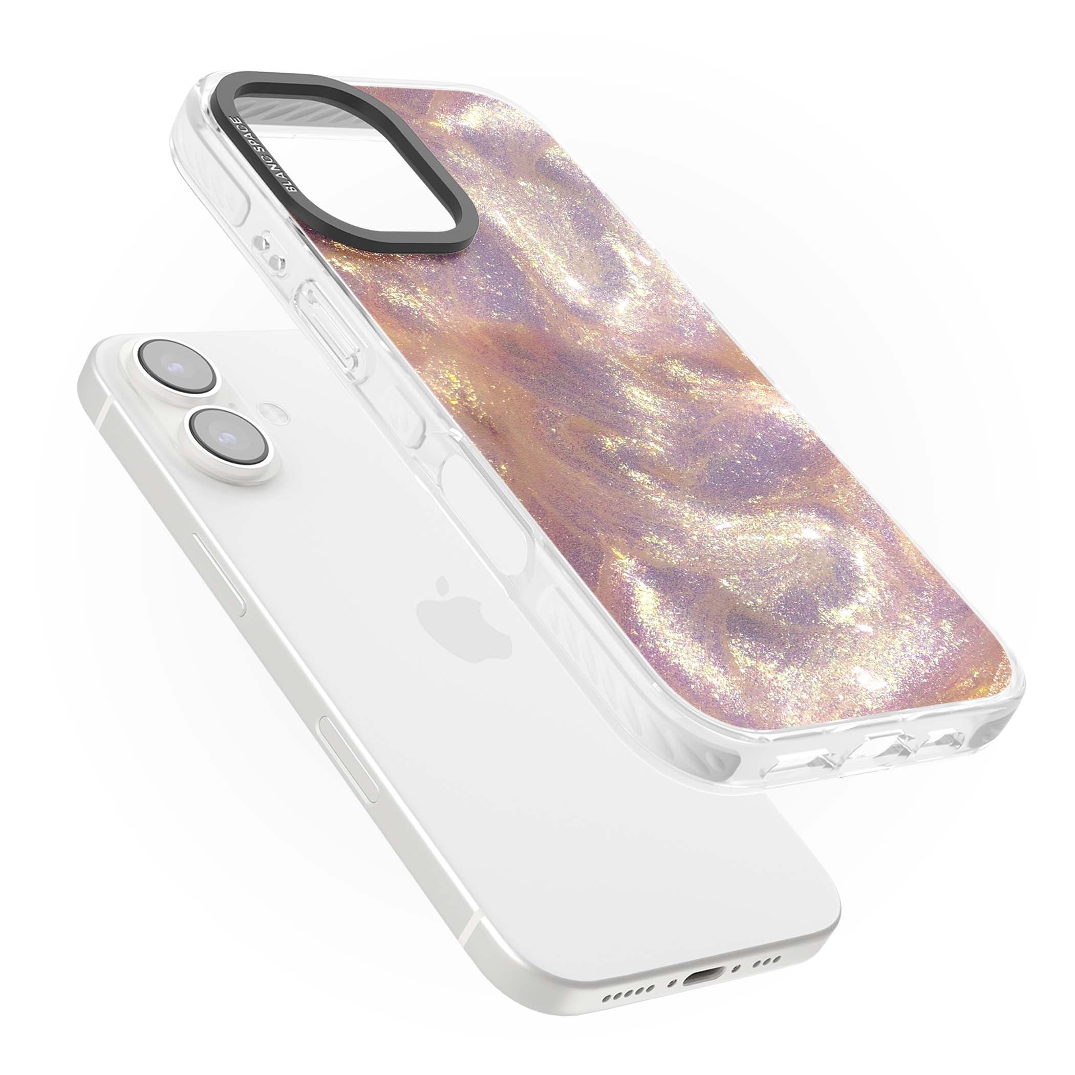 Shimmer marble iPhone case featuring rose gold glitter swirls, lilac shimmer and iridescent pearl finish | Clear Impact case for iPhone 16, iPhone 16 Plus