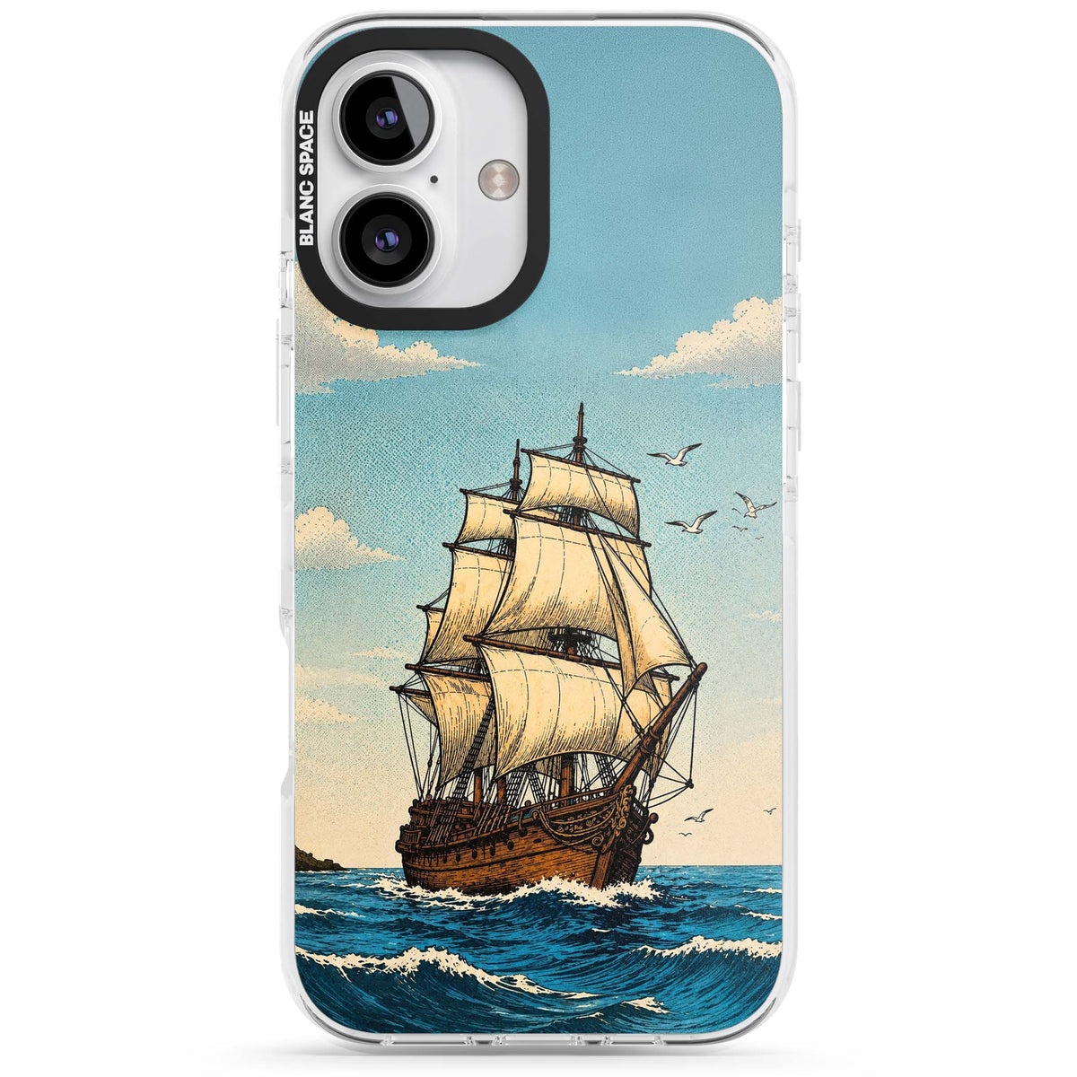 Ship at Sea nautical iPhone case featuring a vintage tall ship, ocean waves and seagulls | Clear Impact case for iPhone 16, iPhone 16 Plus