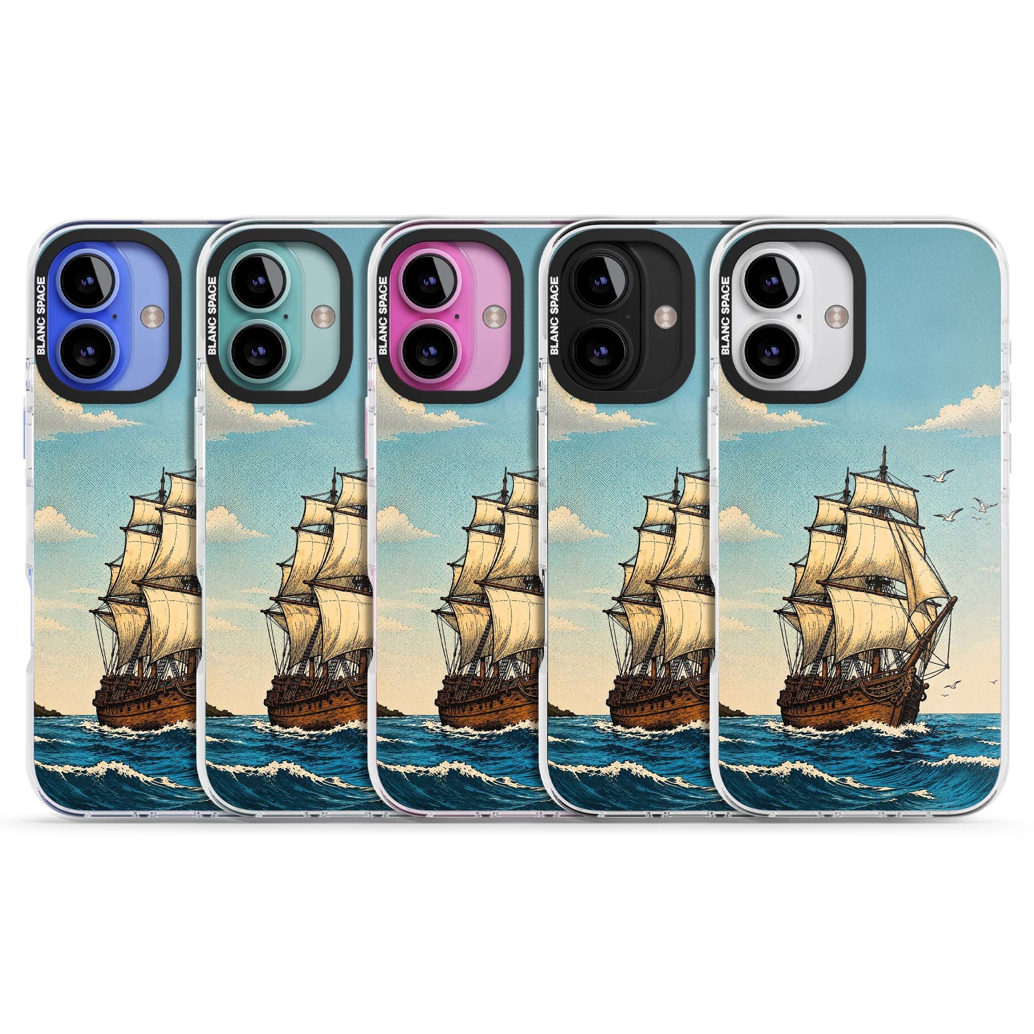 Ship at Sea nautical iPhone case featuring a vintage tall ship, ocean waves and seagulls | Clear Impact case for iPhone 16, iPhone 16 Plus