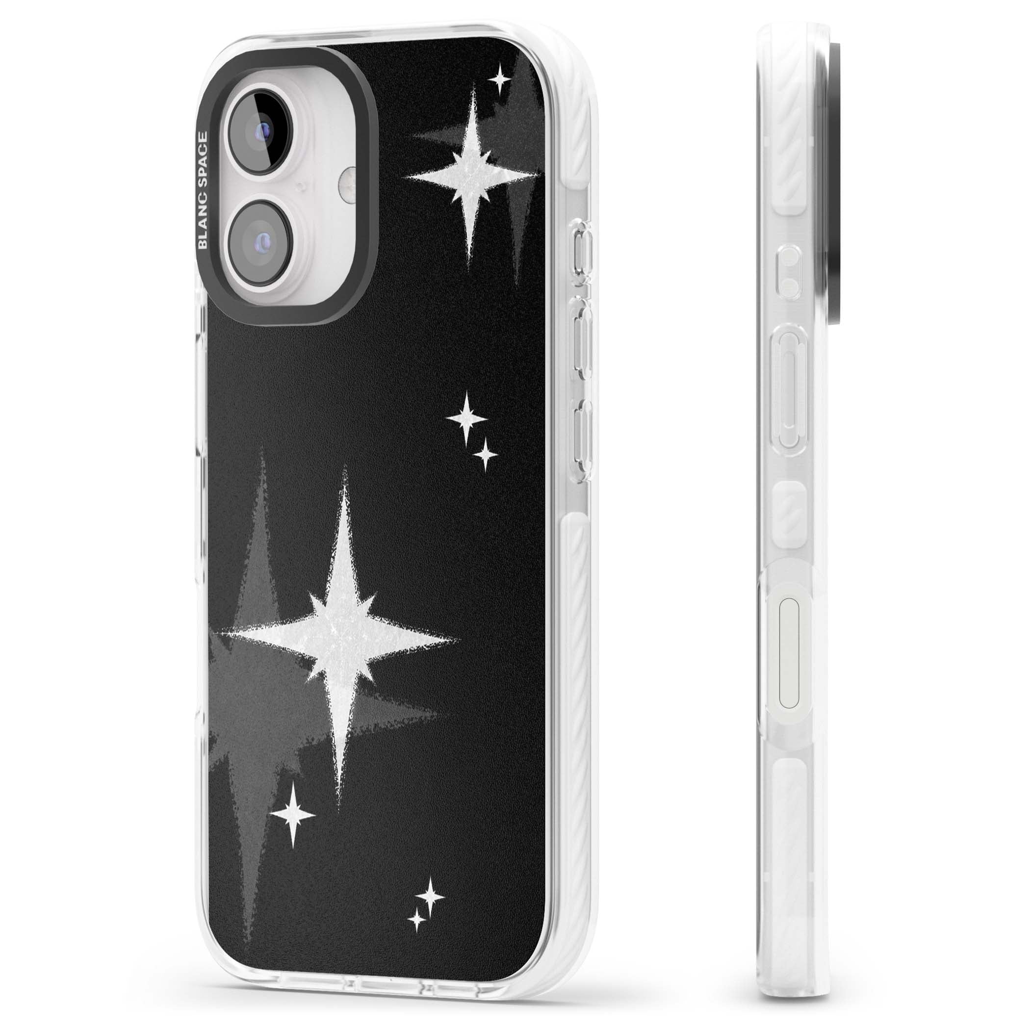 Black Sparkle celestial iPhone case featuring white sparkle stars on a black night sky background | Clear Impact case for iPhone 16, iPhone 16 Plus
