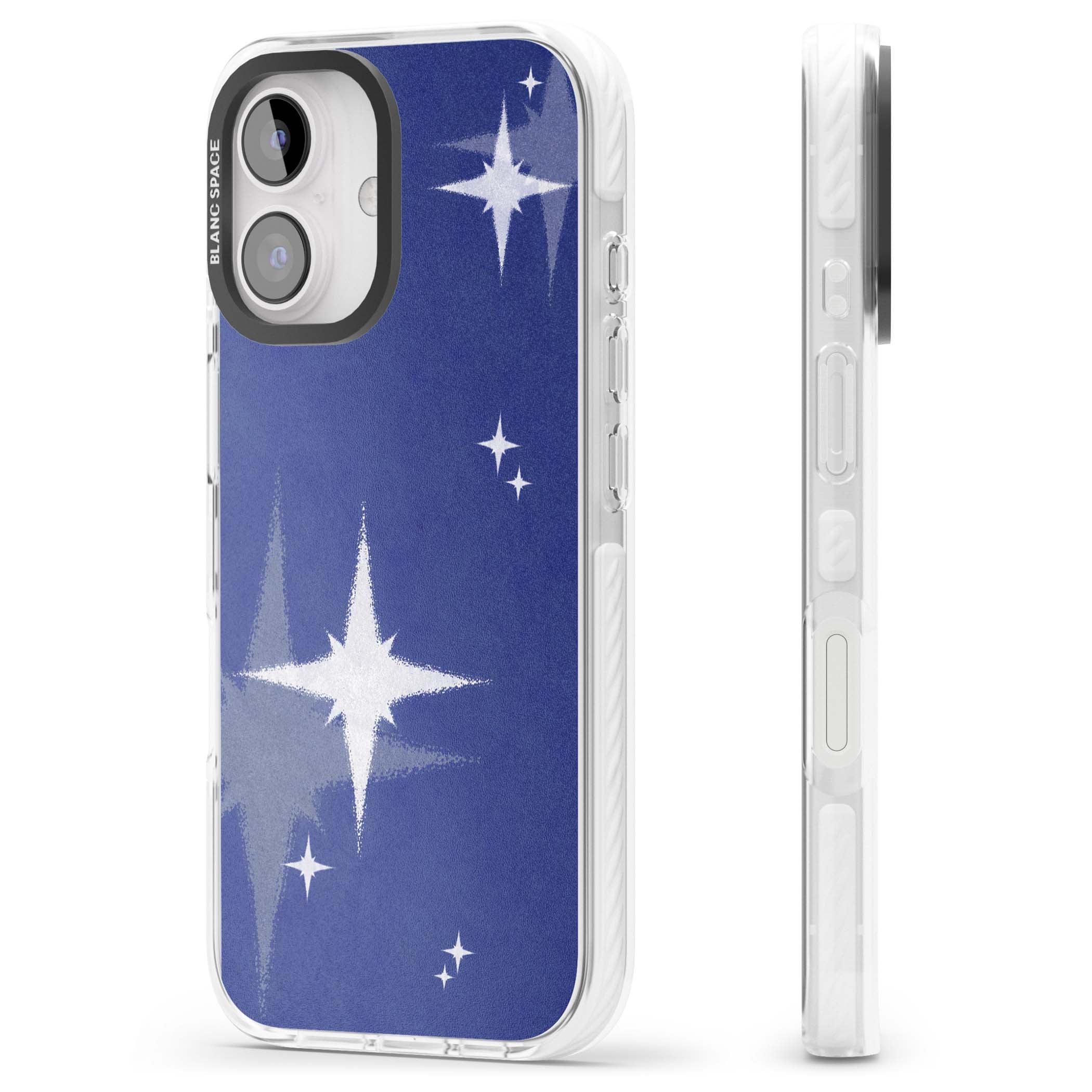 Blue Sparkle celestial iPhone case featuring sparkling silver stars on a deep blue painterly night sky | Clear Impact case for iPhone 16, iPhone 16 Plus