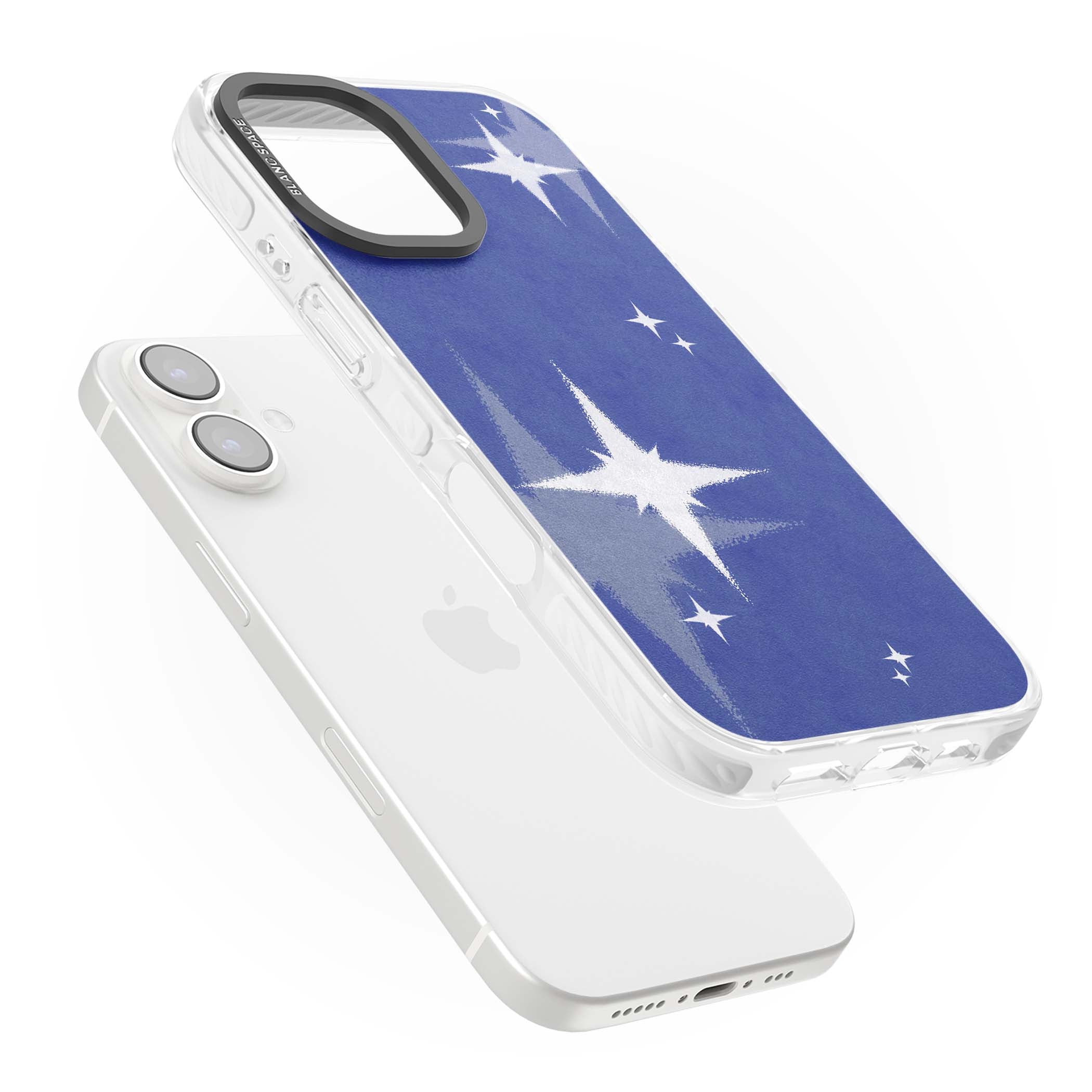 Blue Sparkle celestial iPhone case featuring sparkling silver stars on a deep blue painterly night sky | Clear Impact case for iPhone 16, iPhone 16 Plus