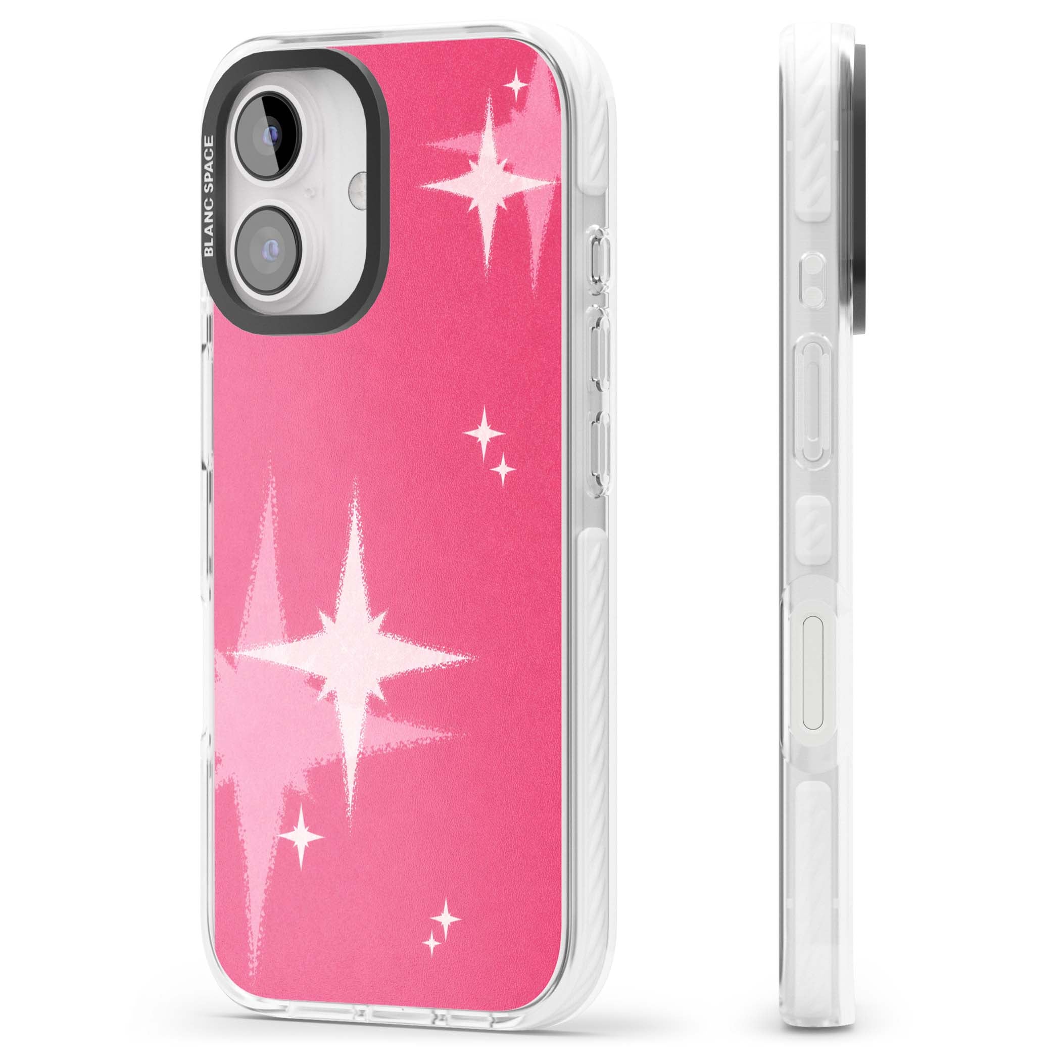 Pink Sparkle Y2K iPhone case featuring hot pink background with shimmering white starburst pattern | Clear Impact case for iPhone 16, iPhone 16 Plus