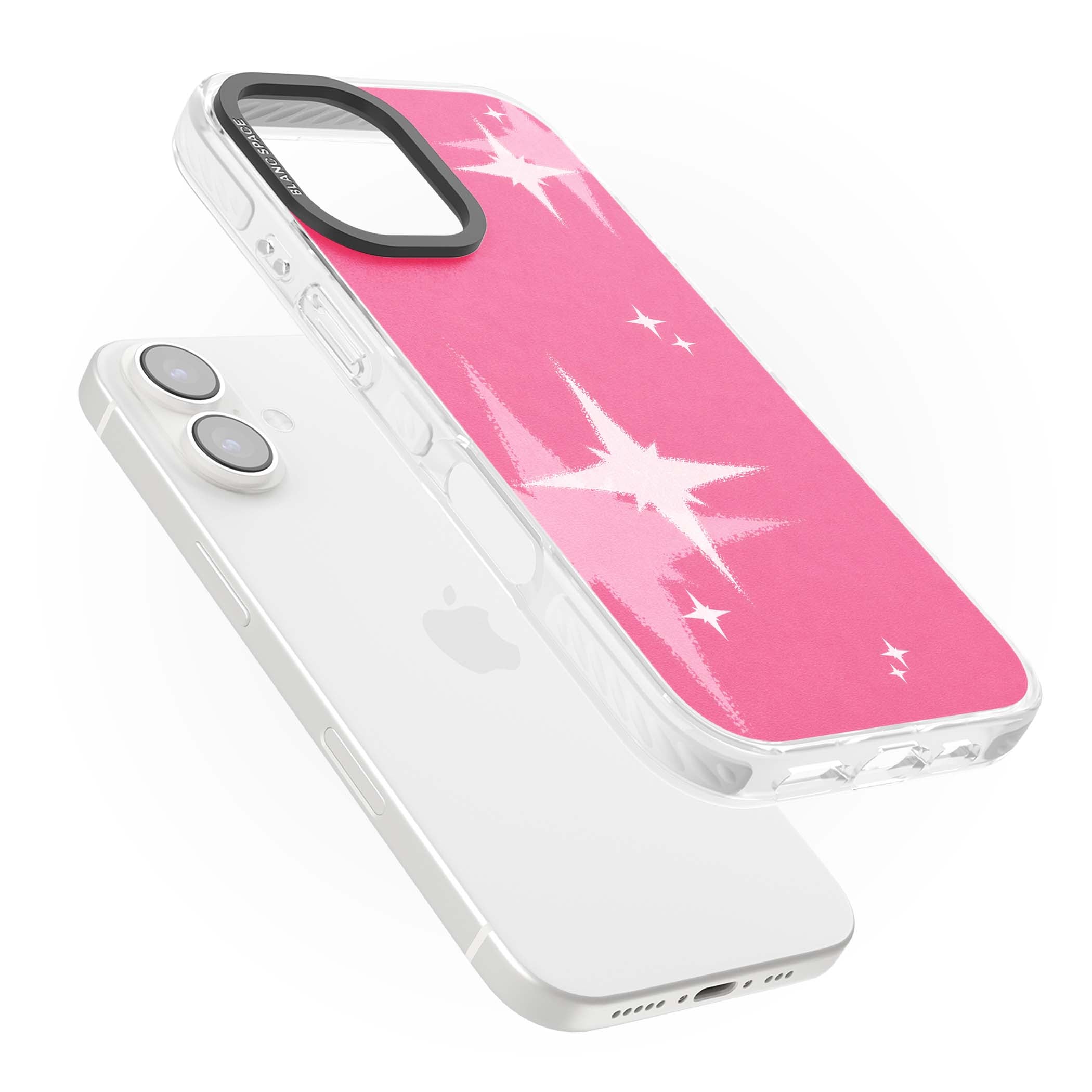 Pink Sparkle Y2K iPhone case featuring hot pink background with shimmering white starburst pattern | Clear Impact case for iPhone 16, iPhone 16 Plus