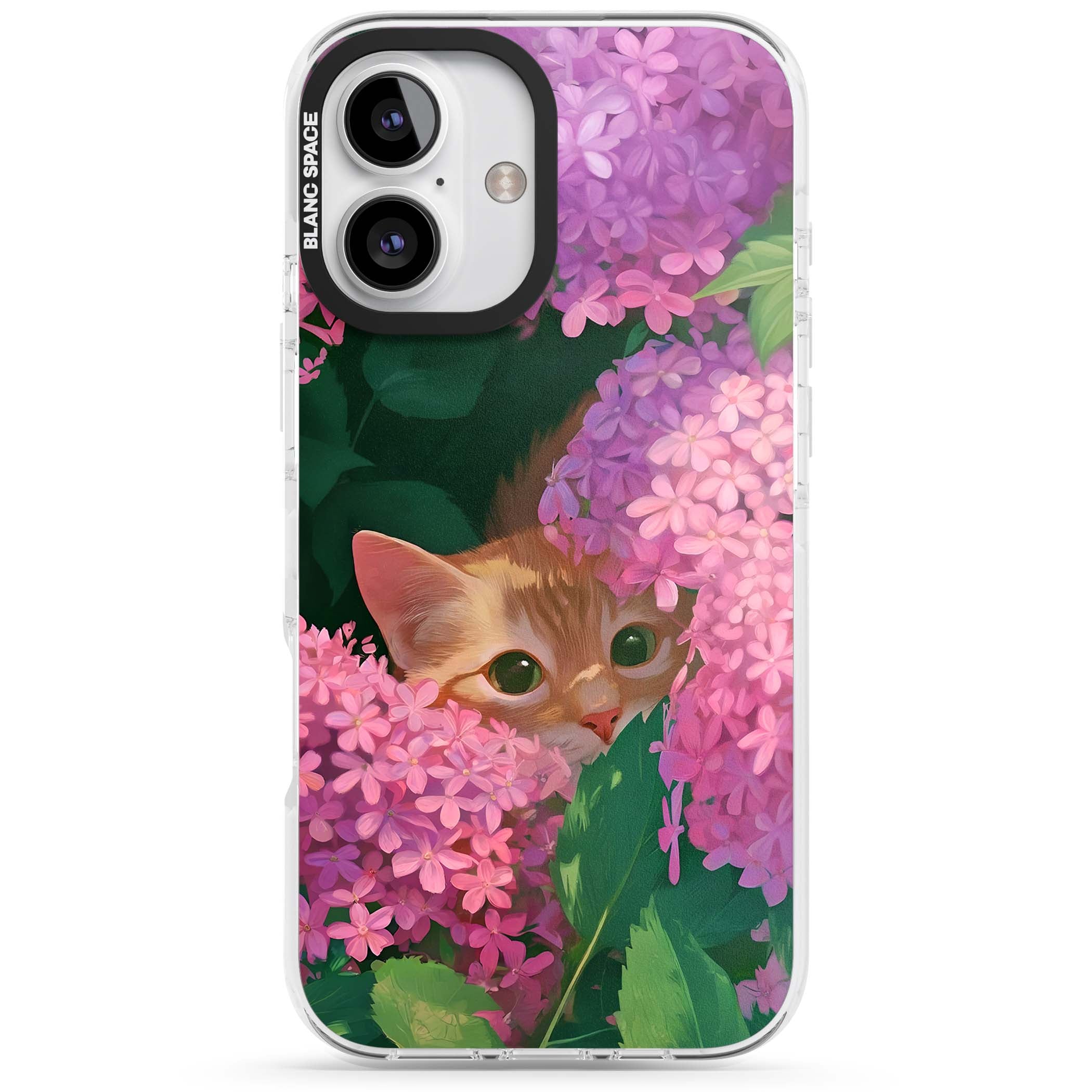 Cat In Pink Flowers cottagecore iPhone case featuring a ginger kitten peeking through lilac and pink hydrangea flo | Clear Impact case for iPhone 16, iPhone 16 Plus