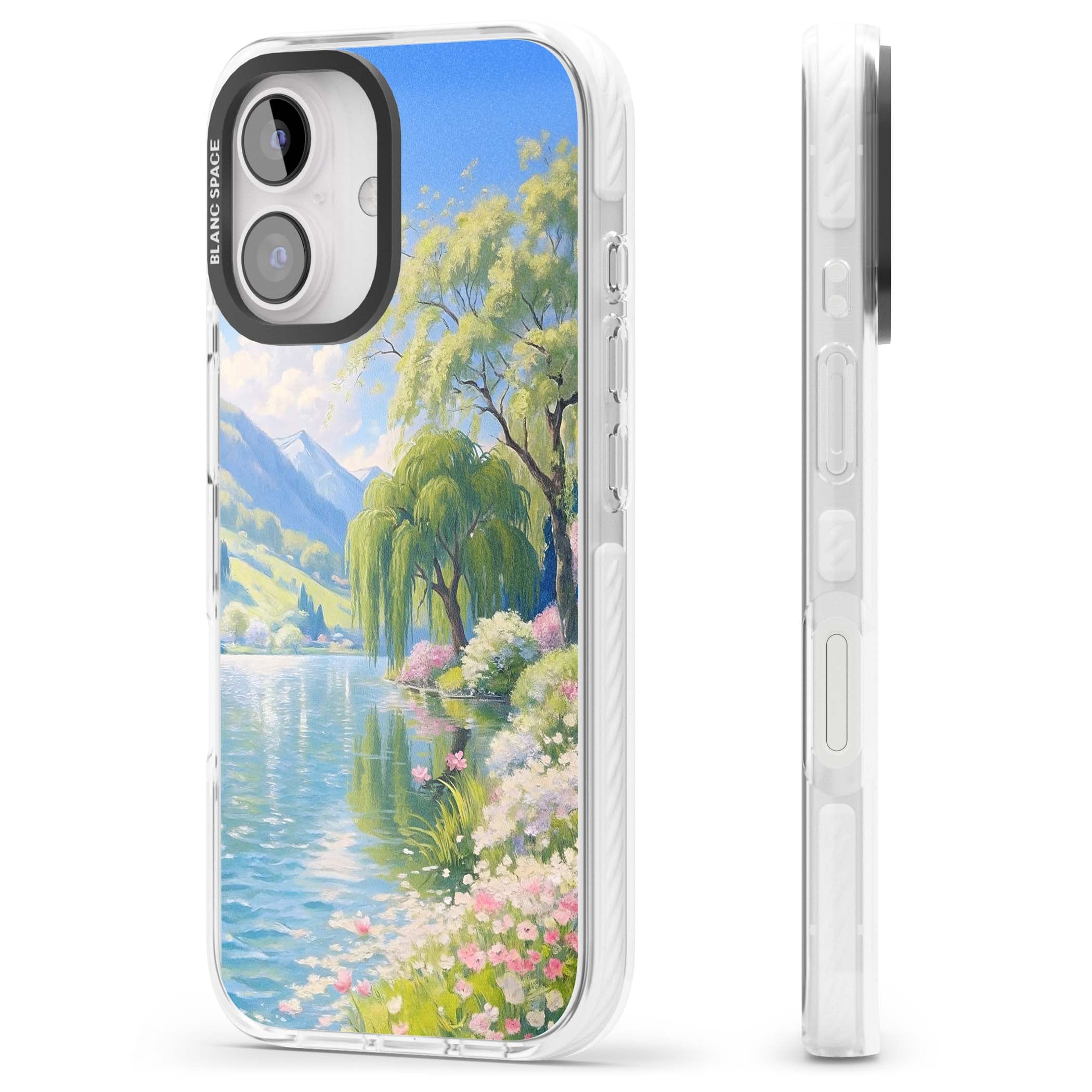 Willow Lake cottagecore iPhone case featuring a painted lakeside with weeping willow, blossoms and distant mountains | Clear Impact case for iPhone 16, iPhone 16 Plus