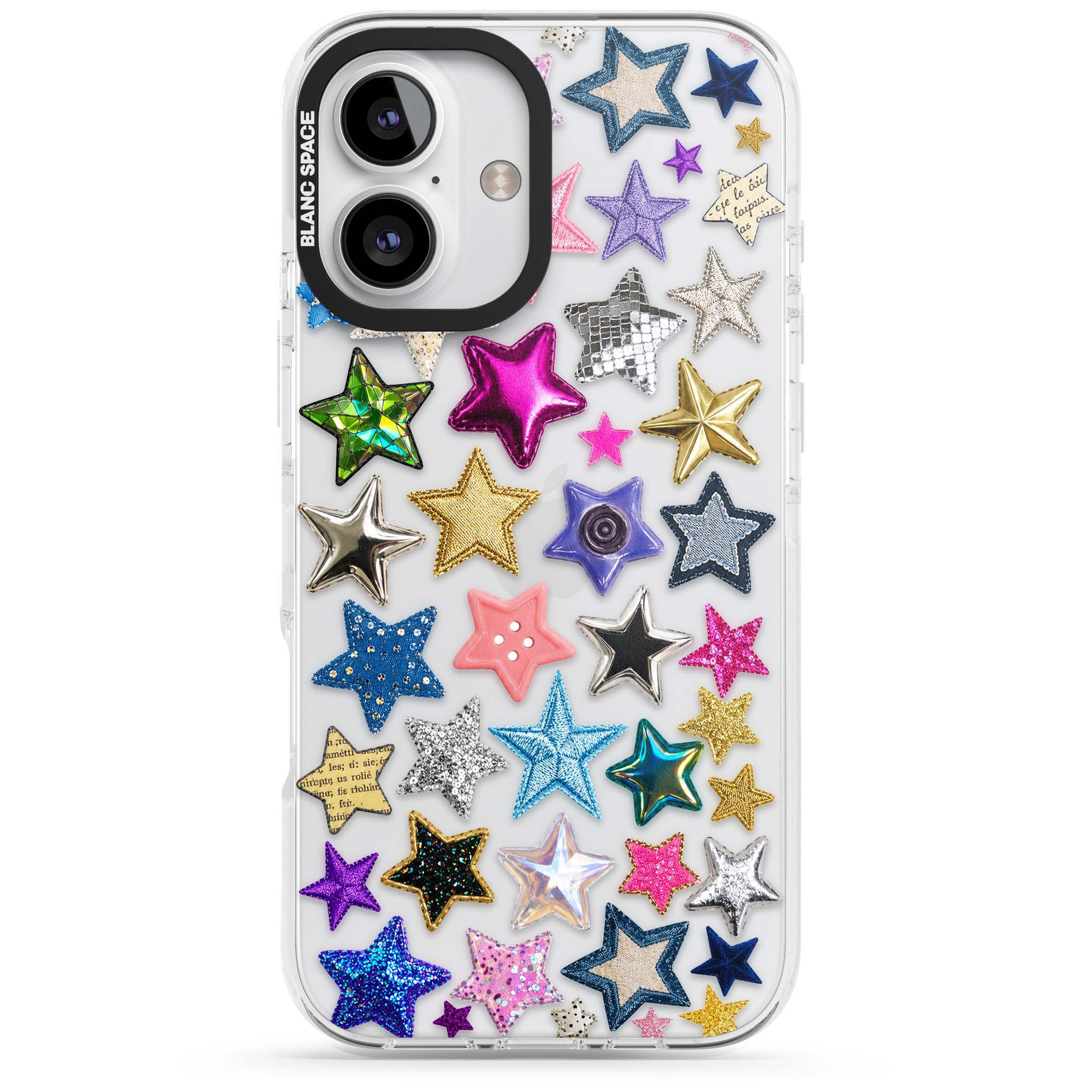 Crafty Star Mix Y2K iPhone case featuring embroidered, sequinned and glitter star patches in rainbow colours | Clear Impact case for iPhone 16, iPhone 16 Plus