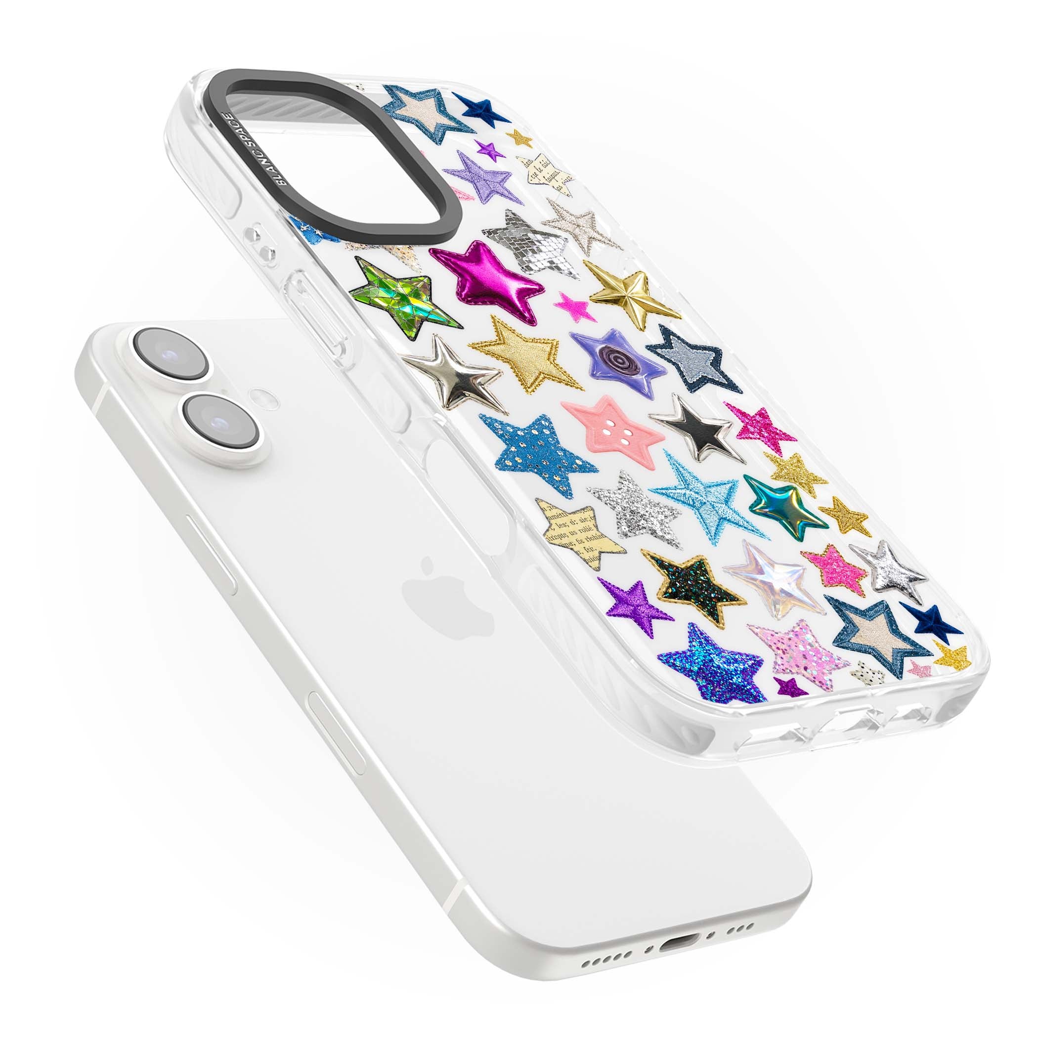 Crafty Star Mix Y2K iPhone case featuring embroidered, sequinned and glitter star patches in rainbow colours | Clear Impact case for iPhone 16, iPhone 16 Plus