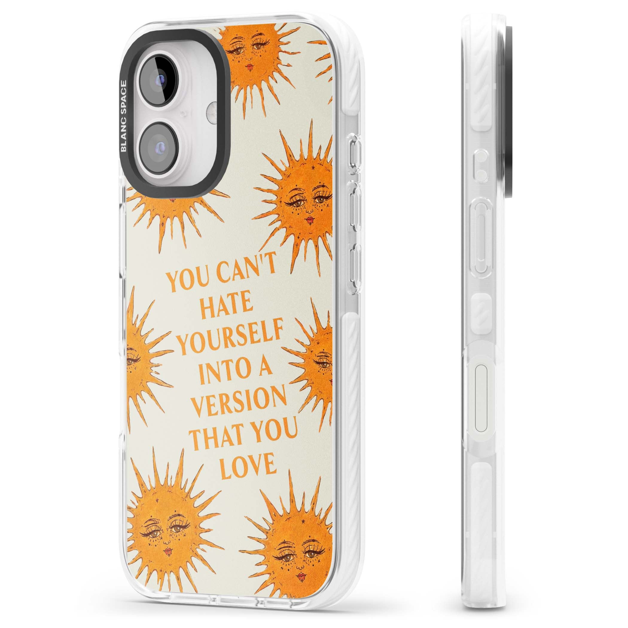 Don't Hate Yourself celestial iPhone case featuring vintage sun faces, ochre rays and a self-love quote | Clear Impact case for iPhone 16, iPhone 16 Plus
