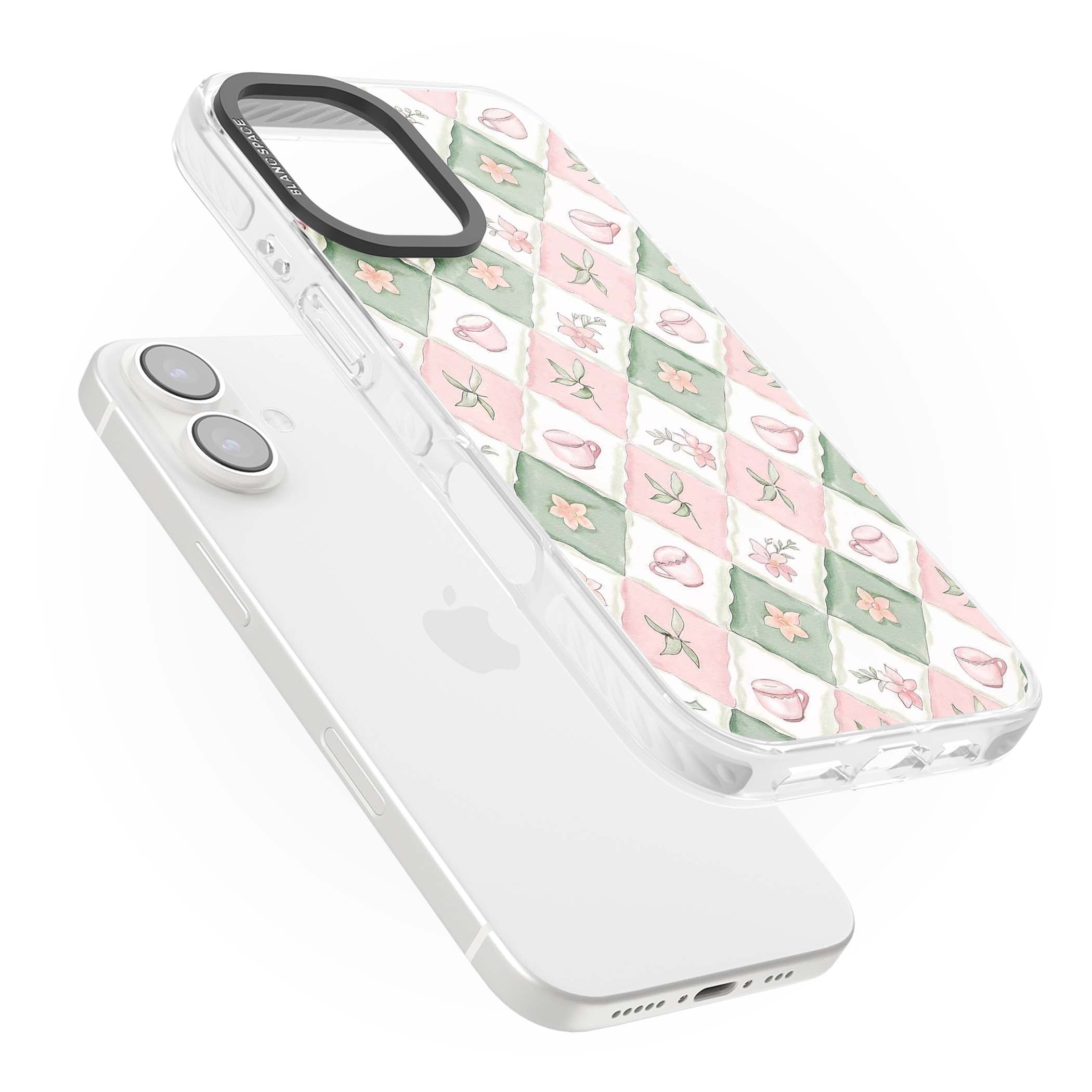 Garden Tea Party coquette iPhone case with pink and green checkered pattern, watercolour teacups and wildflowers | Clear Impact case for iPhone 16, iPhone 16 Plus