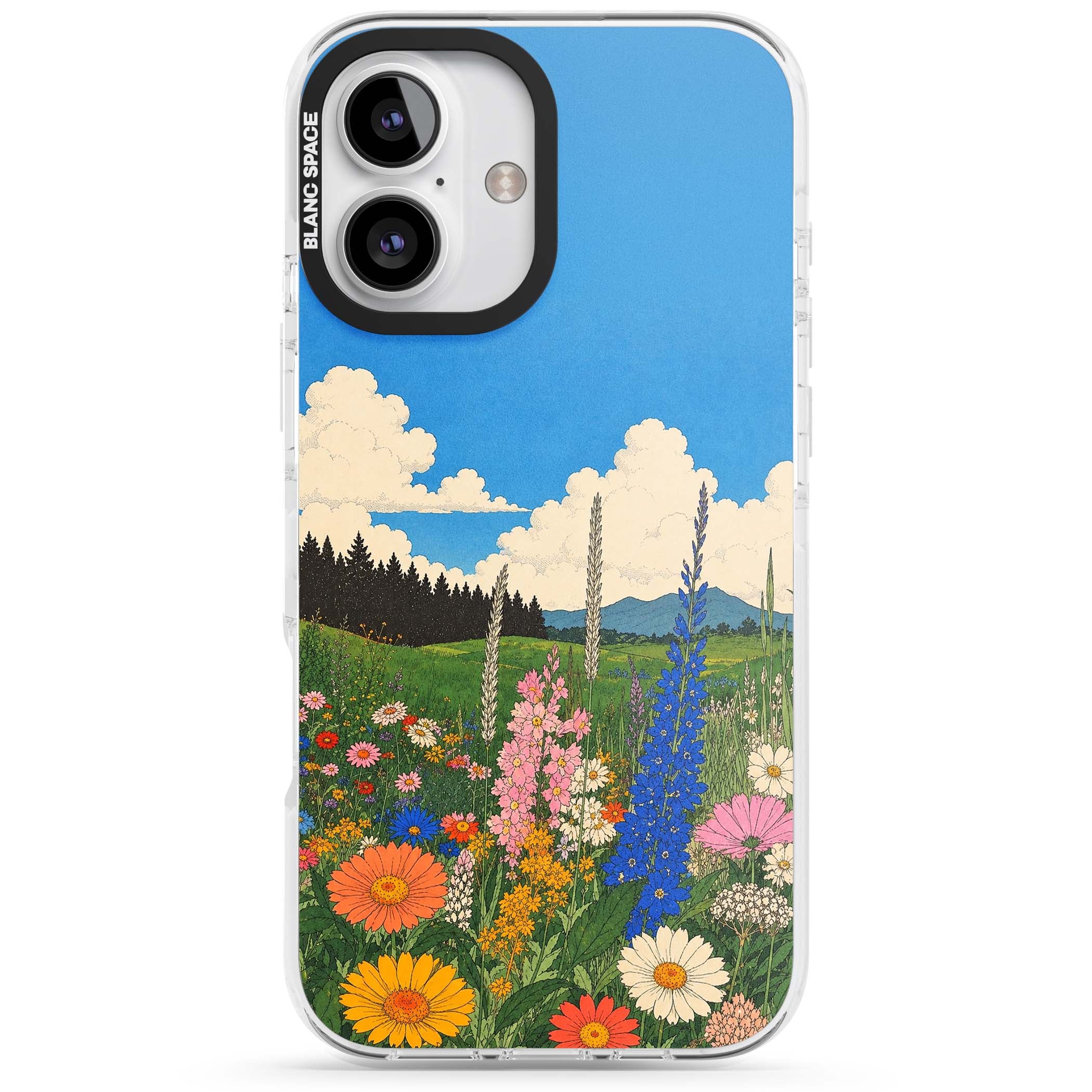 Wildbloom wildflower iPhone case featuring a vintage Japanese-style meadow landscape with daisies, delphiniums and moun | Clear Impact case for iPhone 16, iPhone 16 Plus