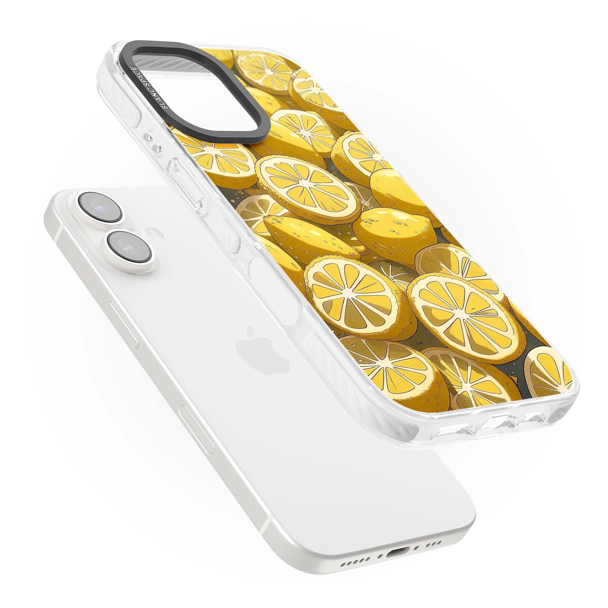 Zesty coastal iPhone case featuring illustrated Mediterranean lemons and citrus slices in golden yellow | Clear Impact case for iPhone 16, iPhone 16 Plus