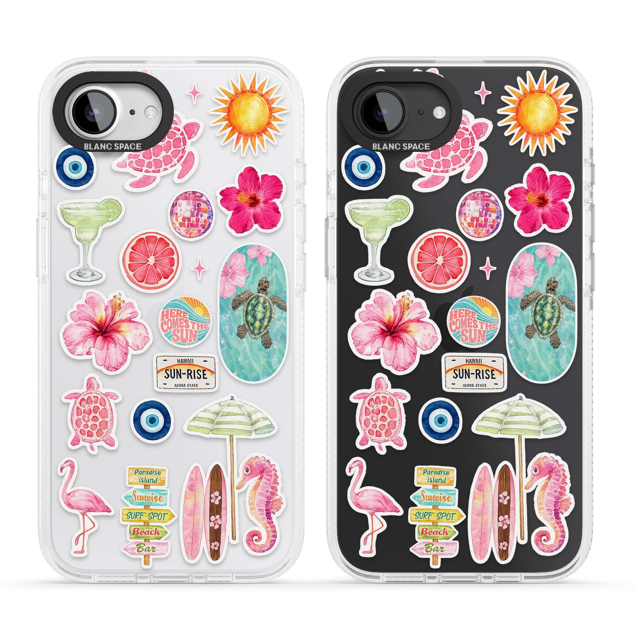 Aloha Sticker Mix tropical summer iPhone case featuring pink hibiscus, sea turtles, flamingo and beach umbrella stickers | Clear Case Impact Air case for iPhone 16e, iPhone 17e