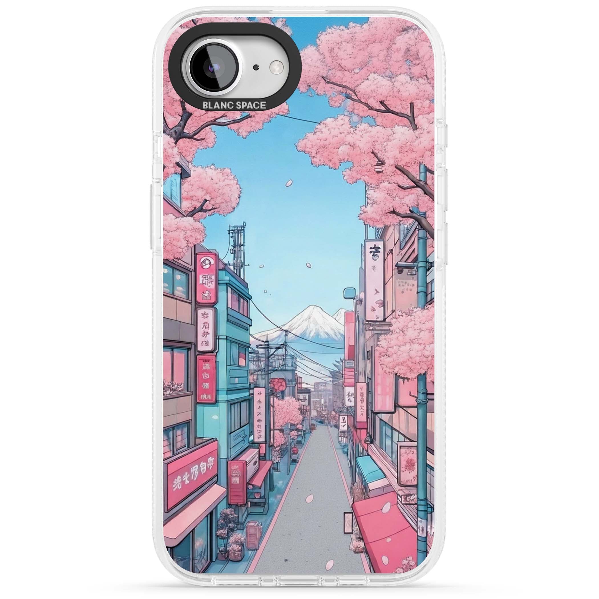 Sakura Lane anime iPhone case featuring Tokyo street scene with cherry blossoms and Mount Fuji | Clear Case Impact Air case for iPhone 16e, iPhone 17e