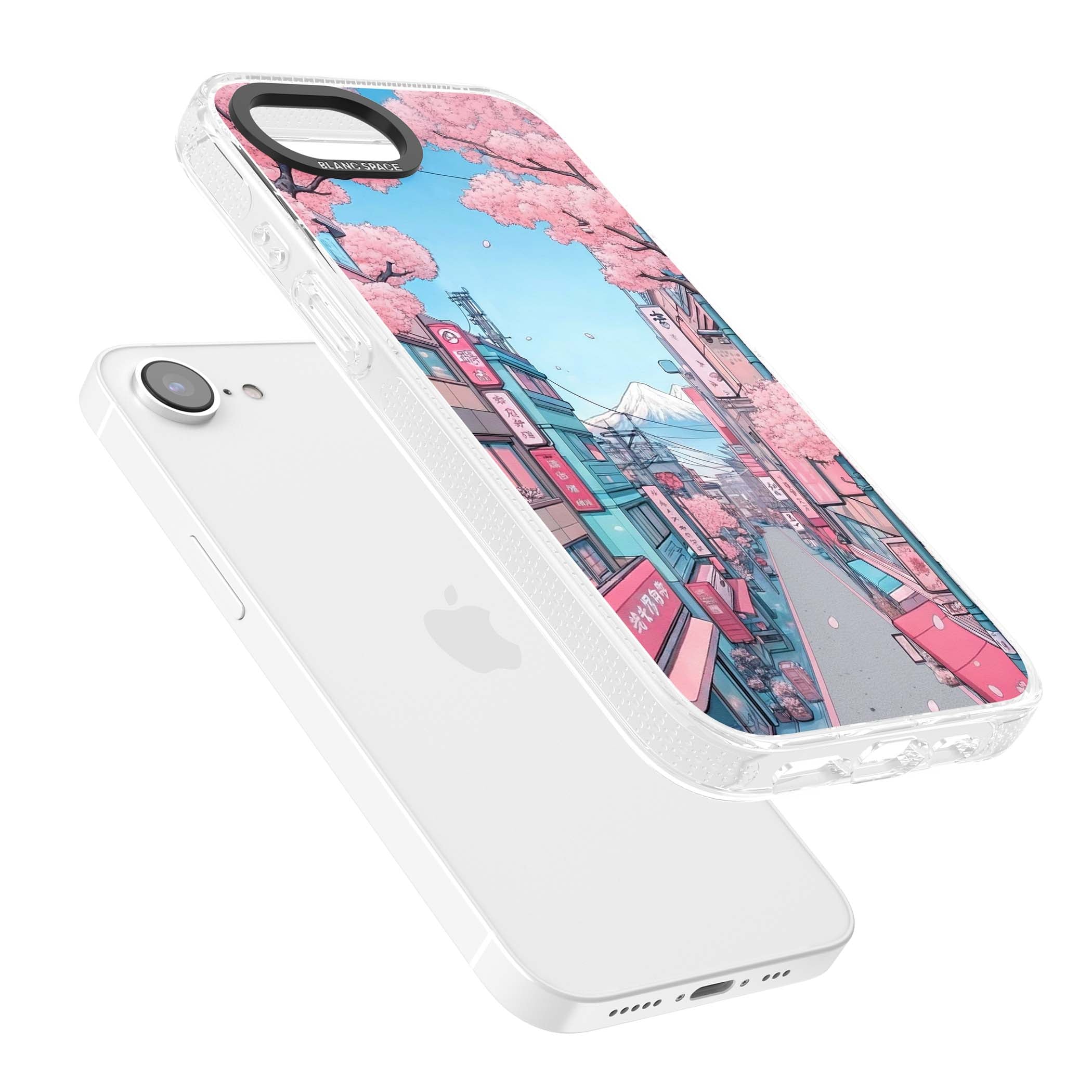 Sakura Lane anime iPhone case featuring Tokyo street scene with cherry blossoms and Mount Fuji | Clear Case Impact Air case for iPhone 16e, iPhone 17e