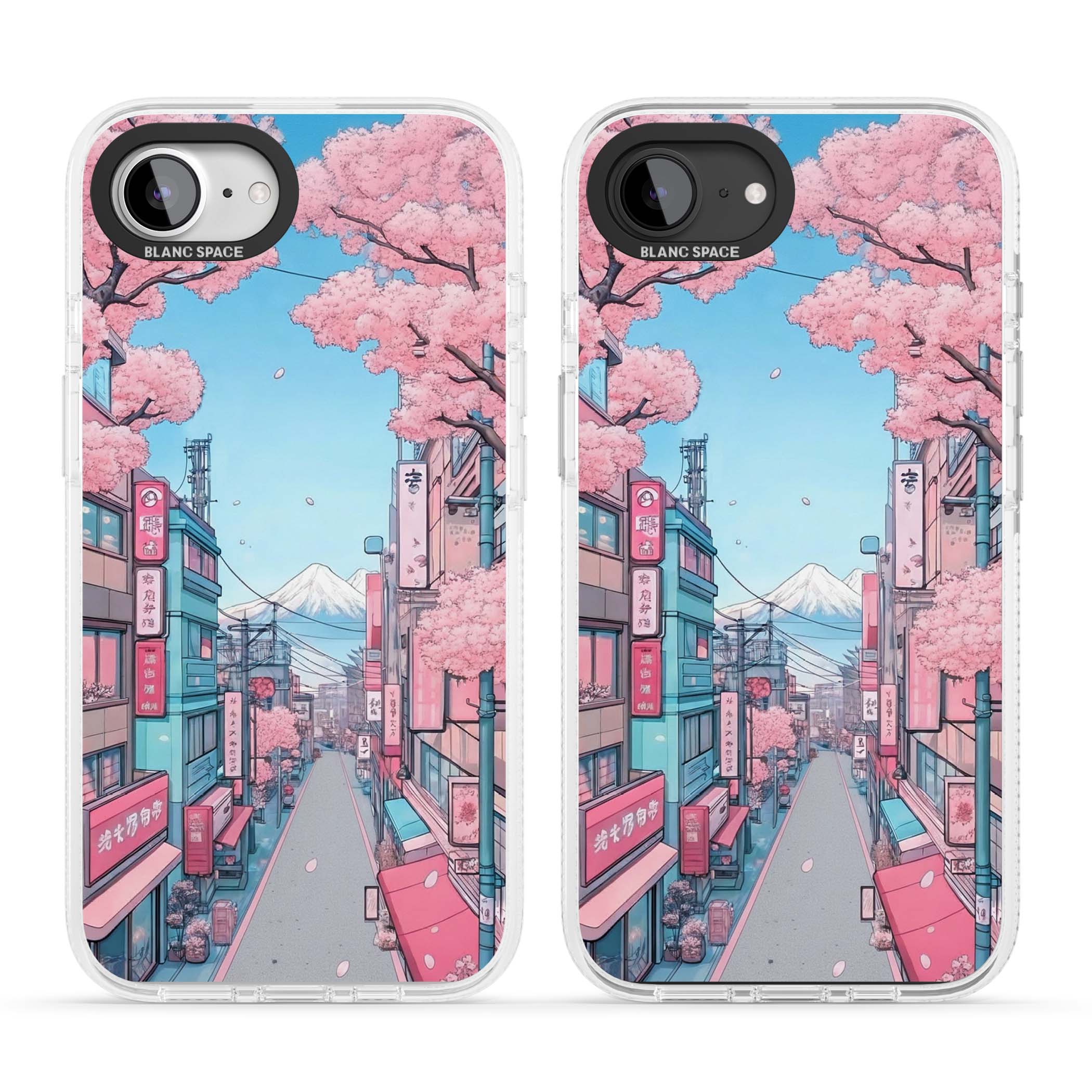 Sakura Lane anime iPhone case featuring Tokyo street scene with cherry blossoms and Mount Fuji | Clear Case Impact Air case for iPhone 16e, iPhone 17e